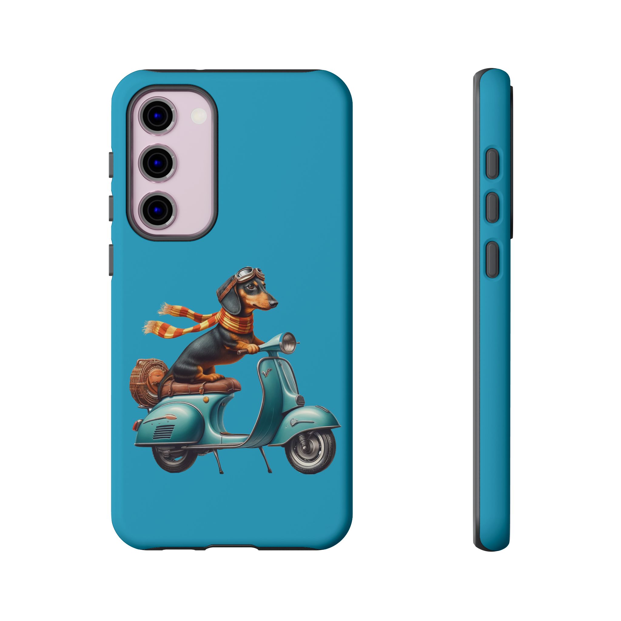 Phone case featuring a dachshund wearing goggles and a scarf riding a vintage scooter.
