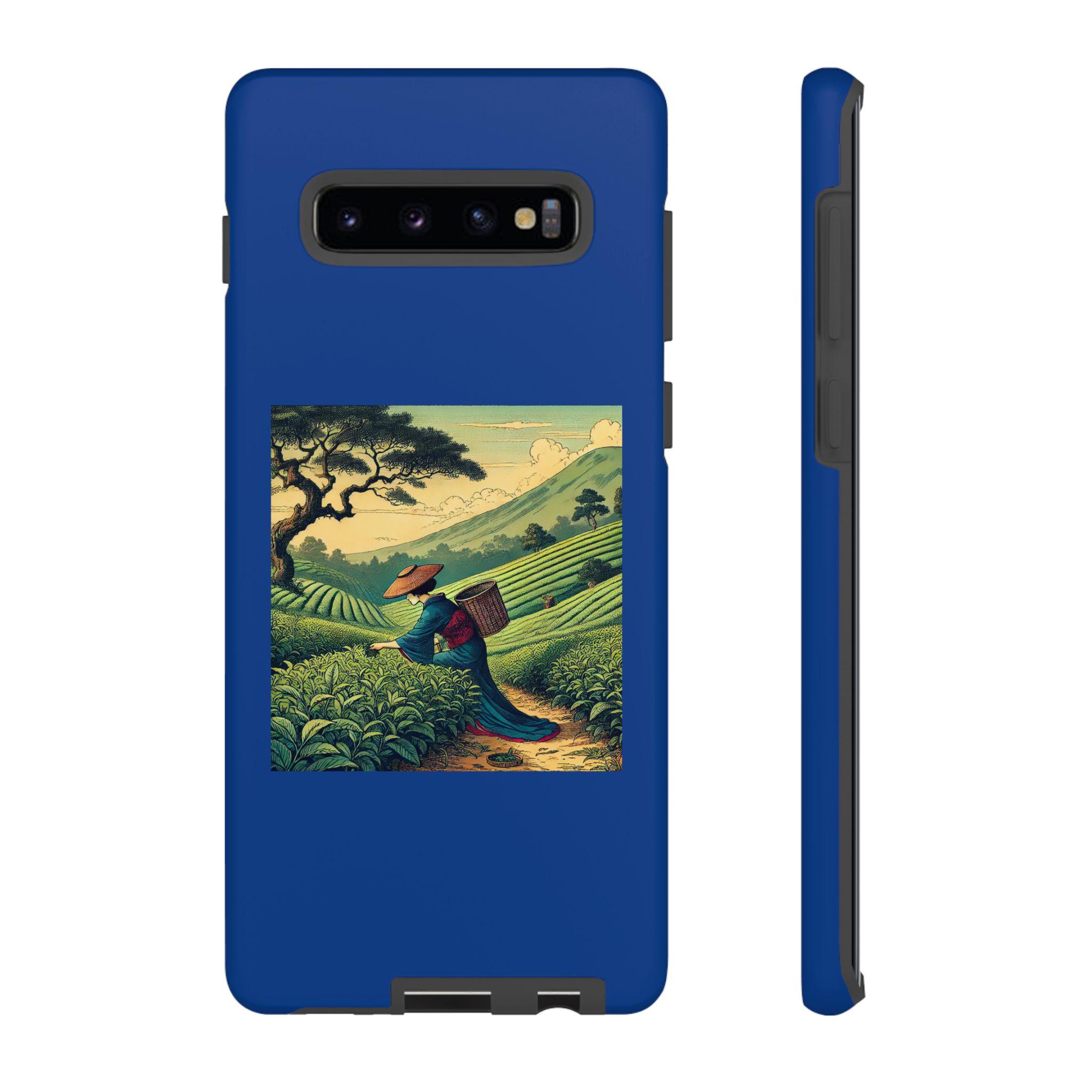 Blue phone case featuring artwork of a tea farmer walking through a field with mountains in the background.