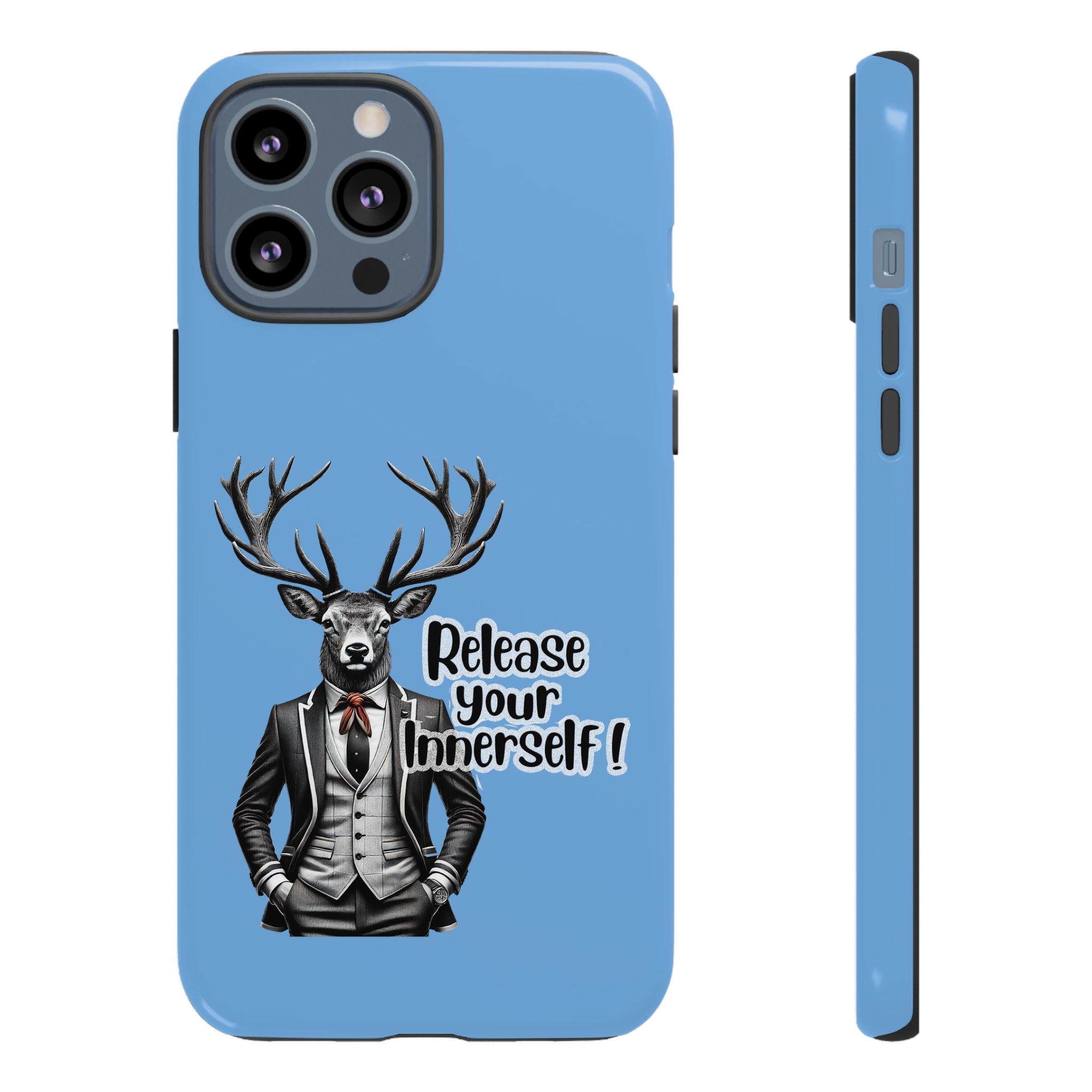 Blue phone case featuring a deer in a suit with the text 'Release your InnerSelf!'