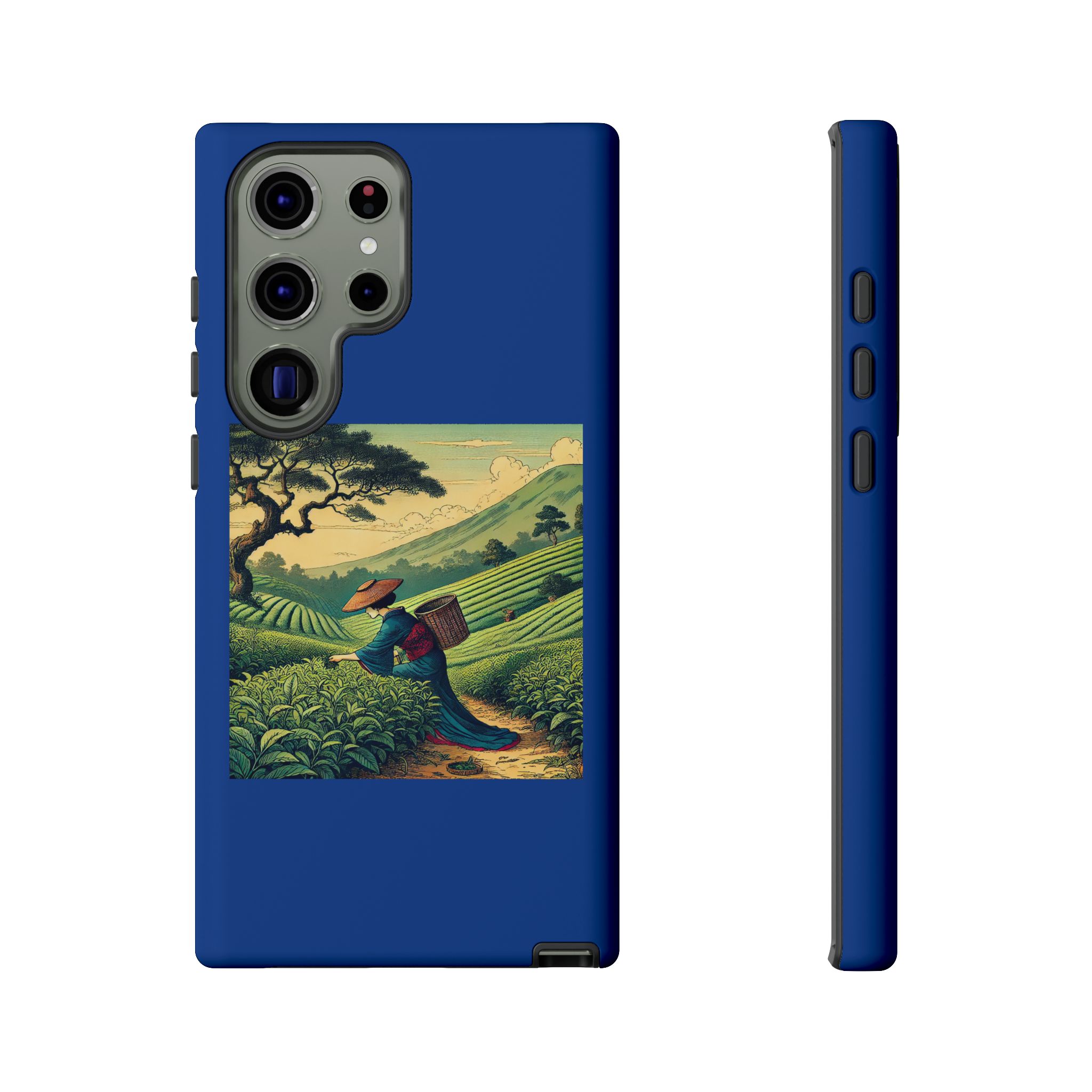 Blue phone case featuring a landscape design of a farmer carrying a basket in a green field.