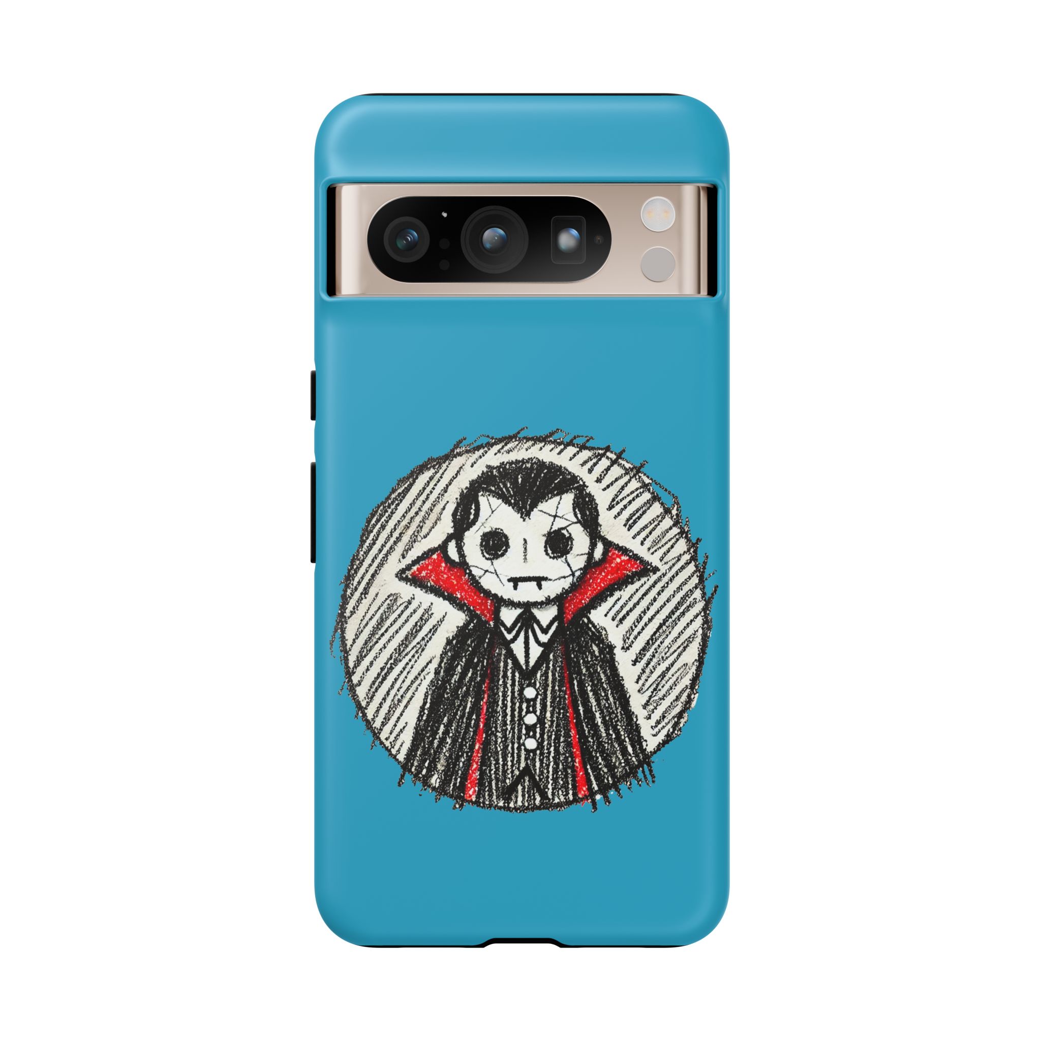 Cartoon drawing of a Dracula character on a blue phone case with a sketchy style.