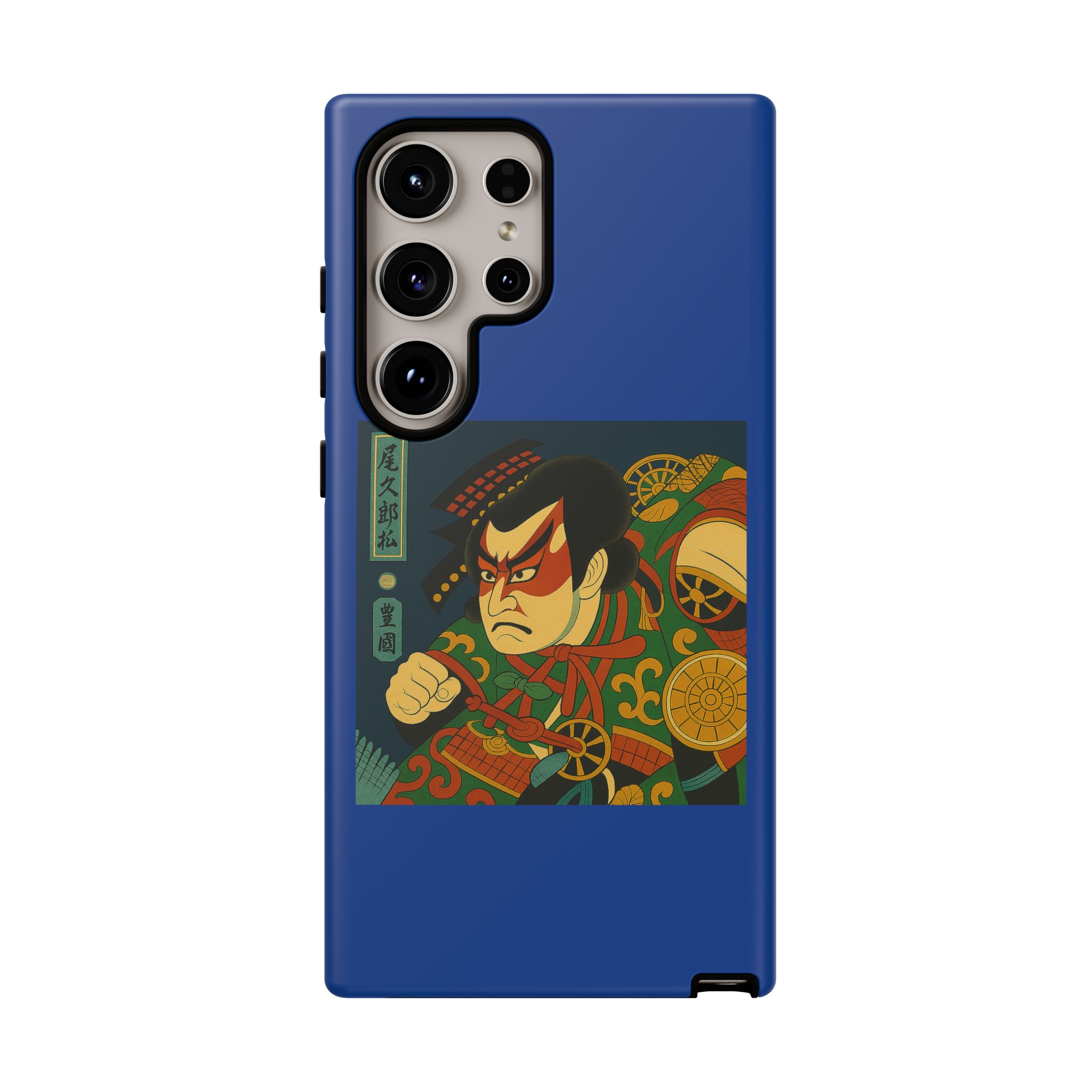 Blue phone case featuring traditional Japanese artwork of a samurai with vibrant colors and intricate designs.