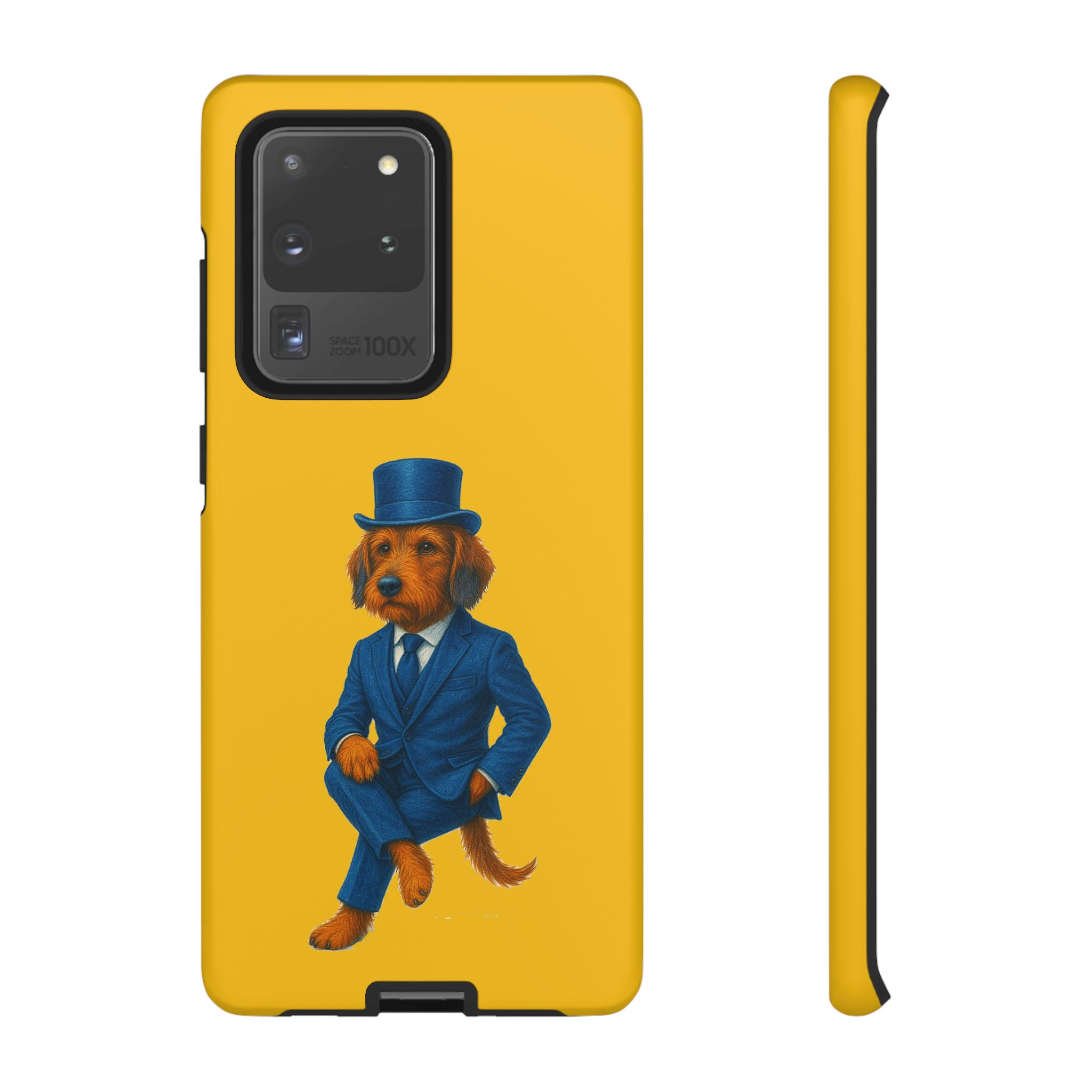 A phone case displaying a dog wearing a blue suit and a top hat against a yellow background.