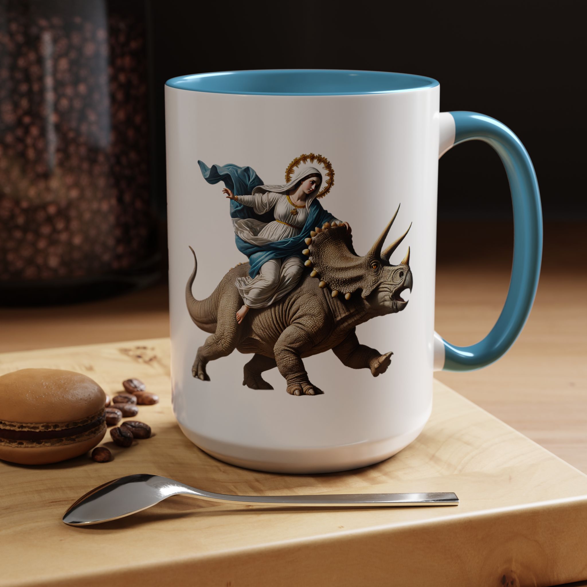 Sarcastic Coffee mug jurassic Virgin mary riding triceratops funny office mug boho gift tea cup cute accessory – Image 39