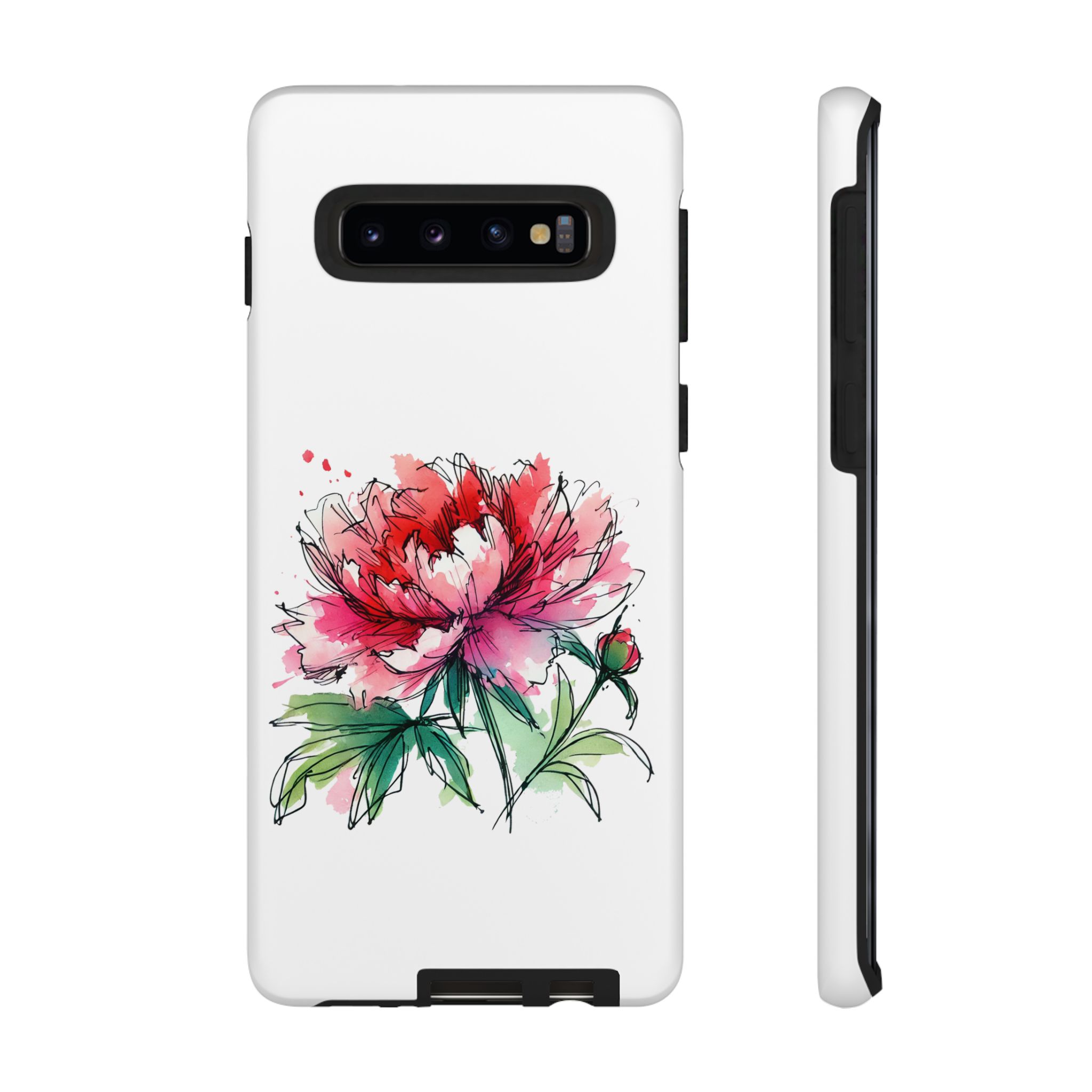 Phone case featuring a colorful peony flower illustration on a white background.