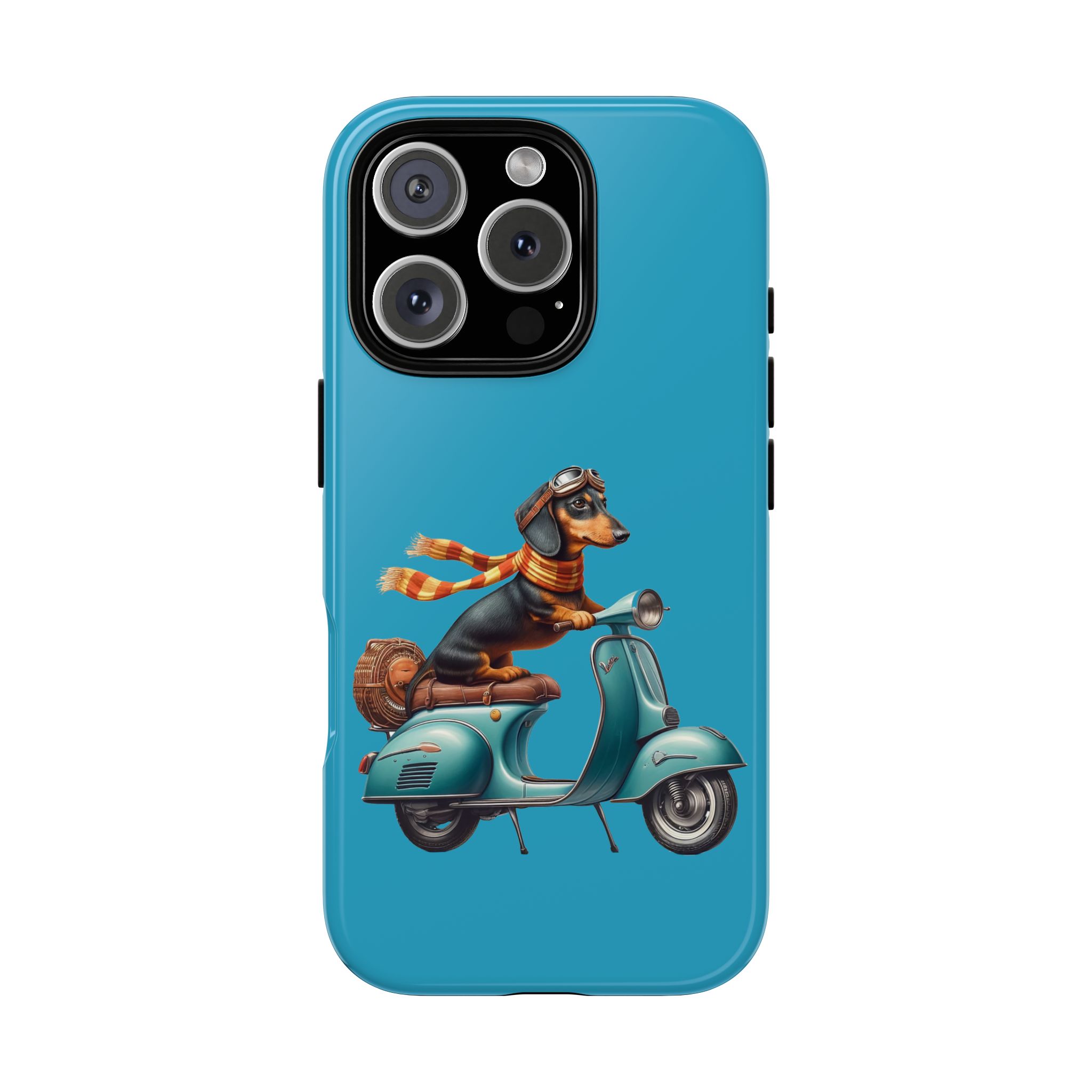 Dachshund wearing goggles and a scarf riding a teal scooter on a phone case design.