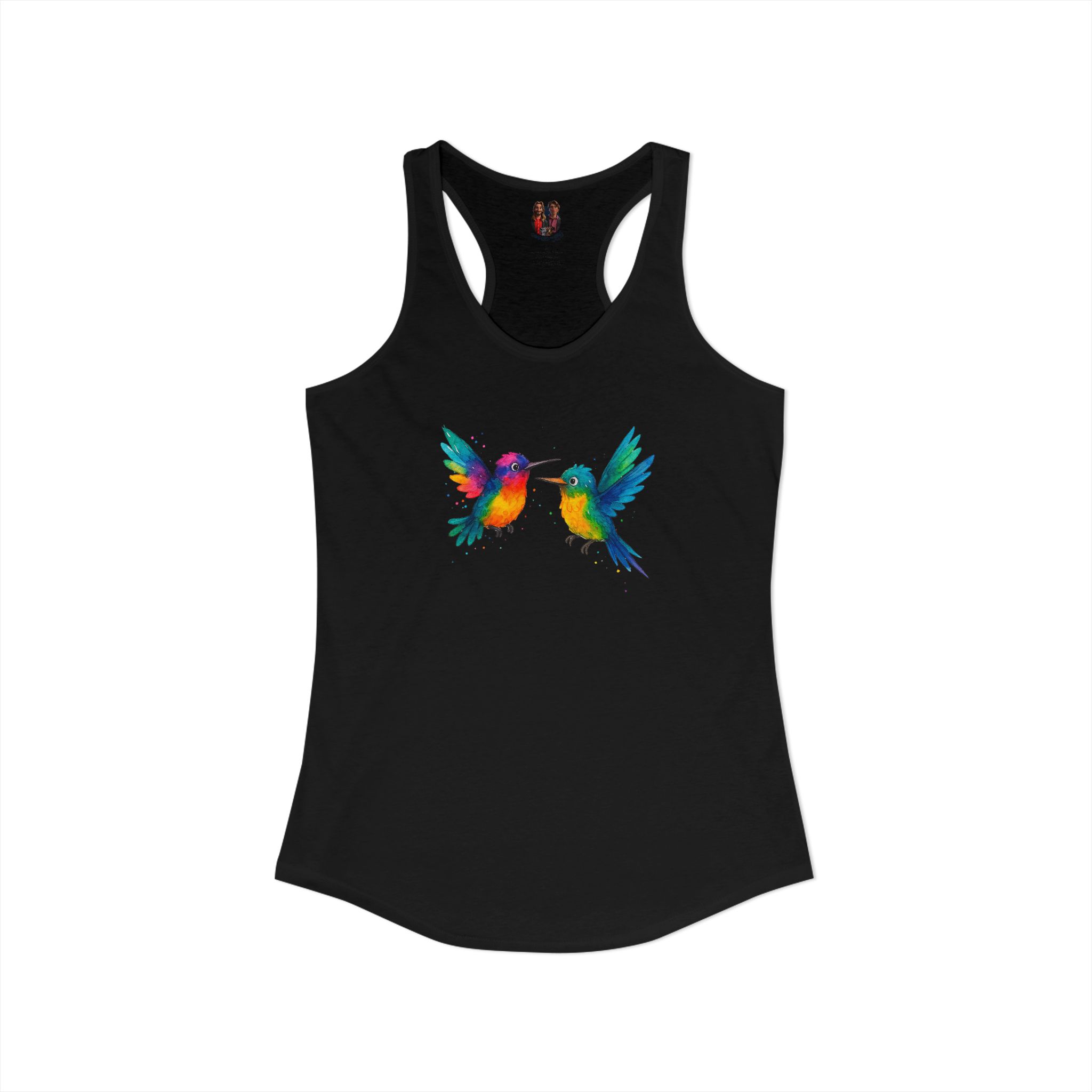 Black tank top featuring two colorful hummingbirds in vibrant hues of red, yellow, and blue.