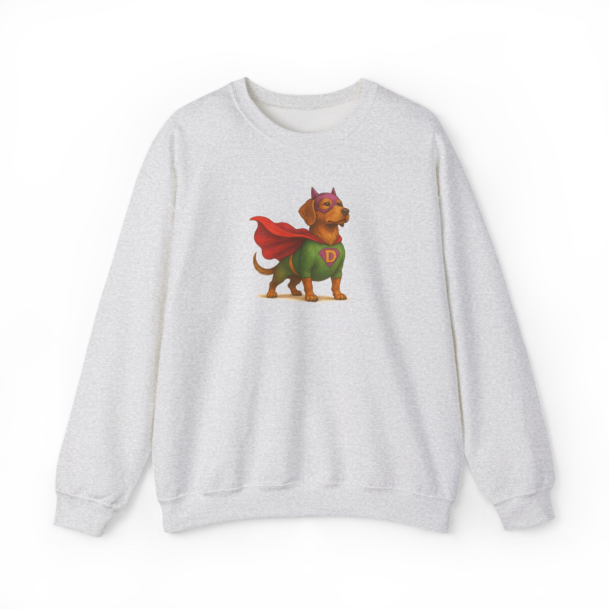 Sweatshirt featuring a cartoon dog dressed as a superhero with a cape and mask.