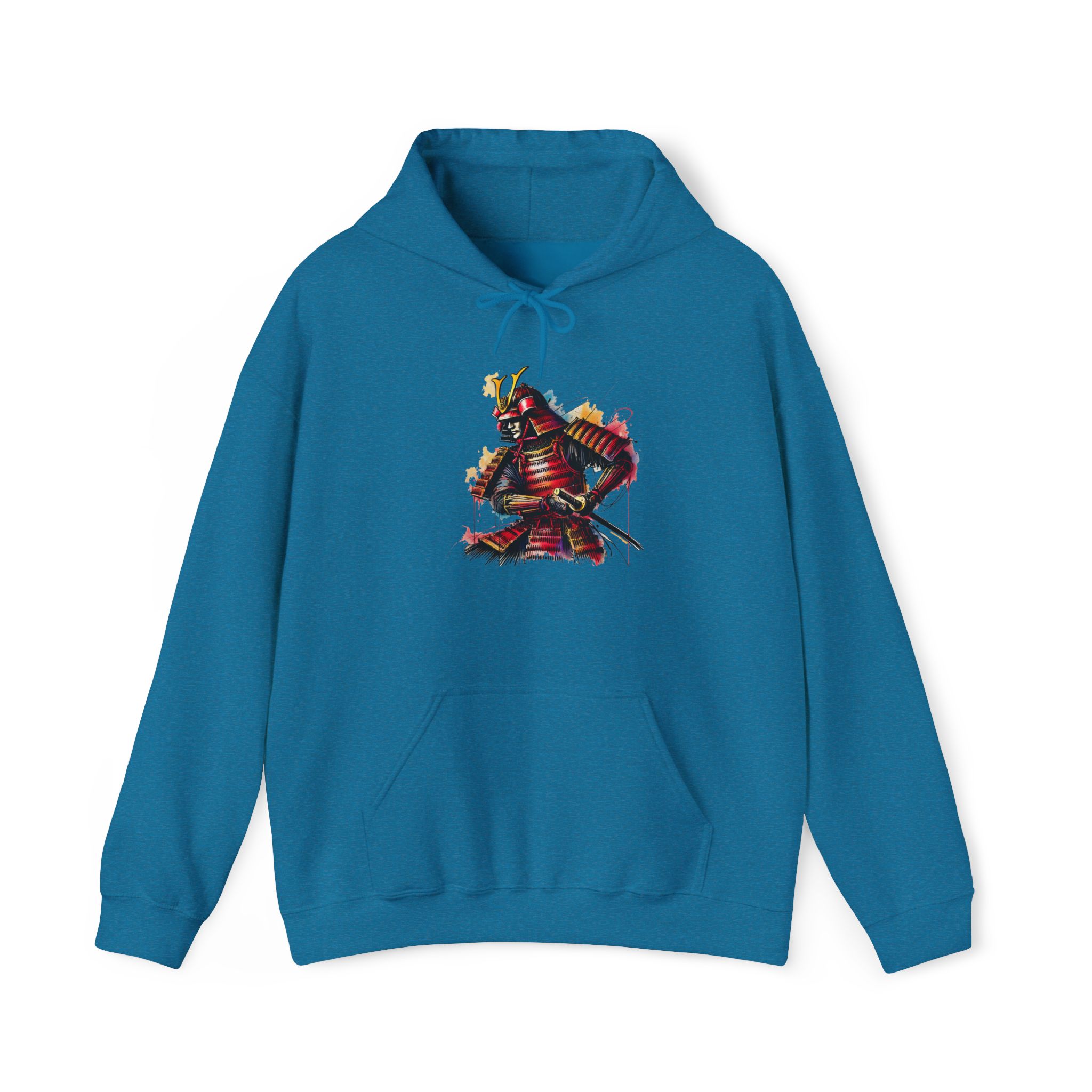 Blue hoodie featuring a graphic design of a samurai in vibrant colors.