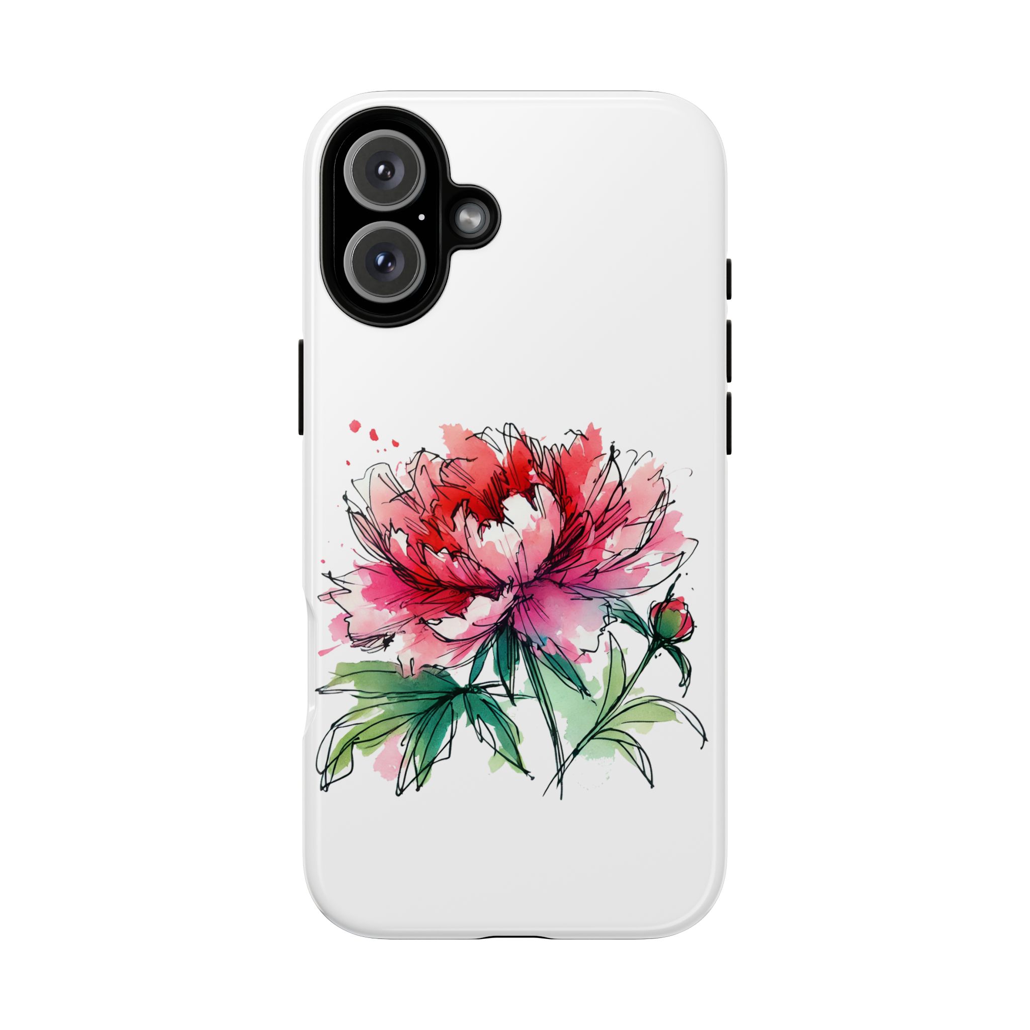 Illustration of a peony flower in red and pink on a white phone case.