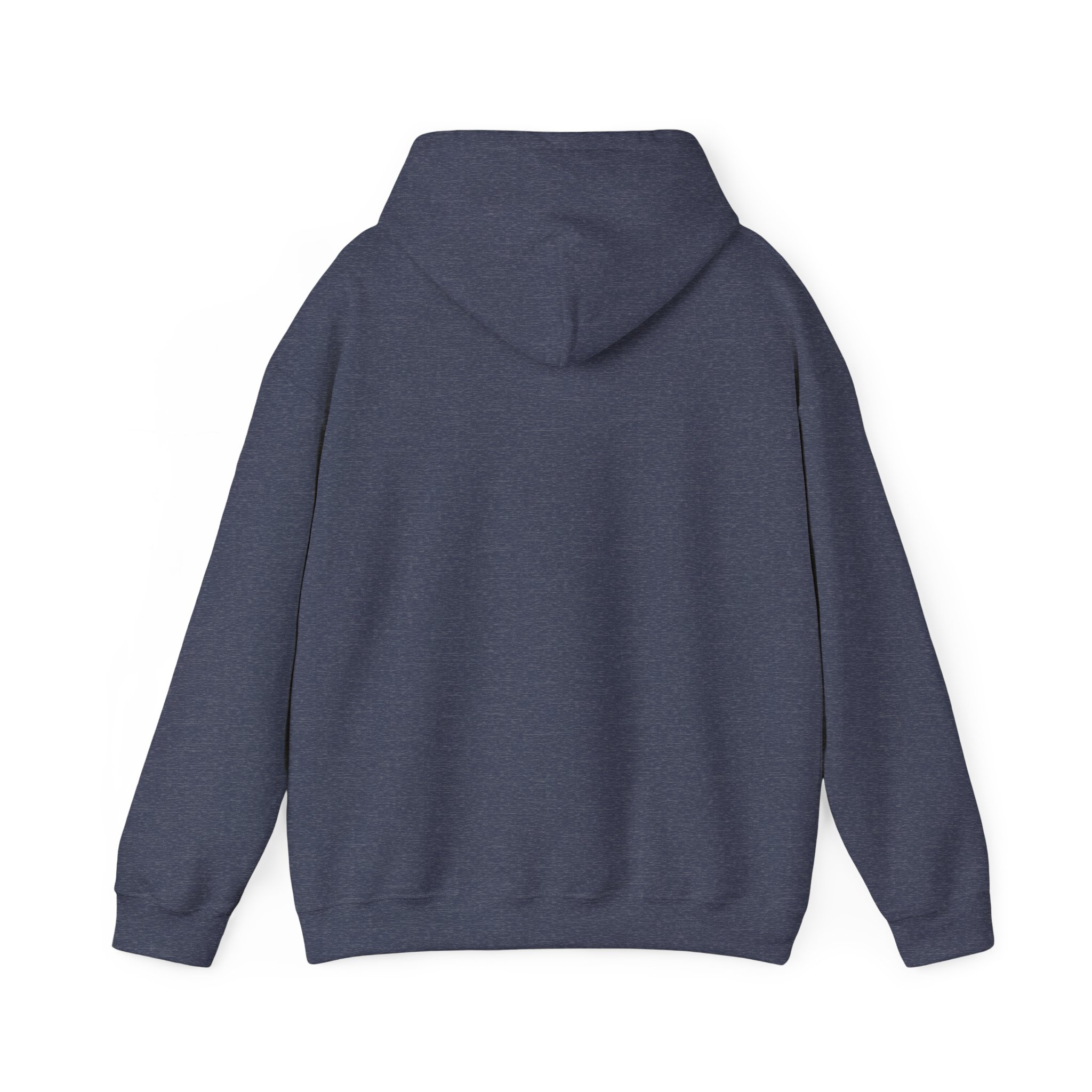 Navy blue hoodie with a hood and long sleeves, displayed from the back view.