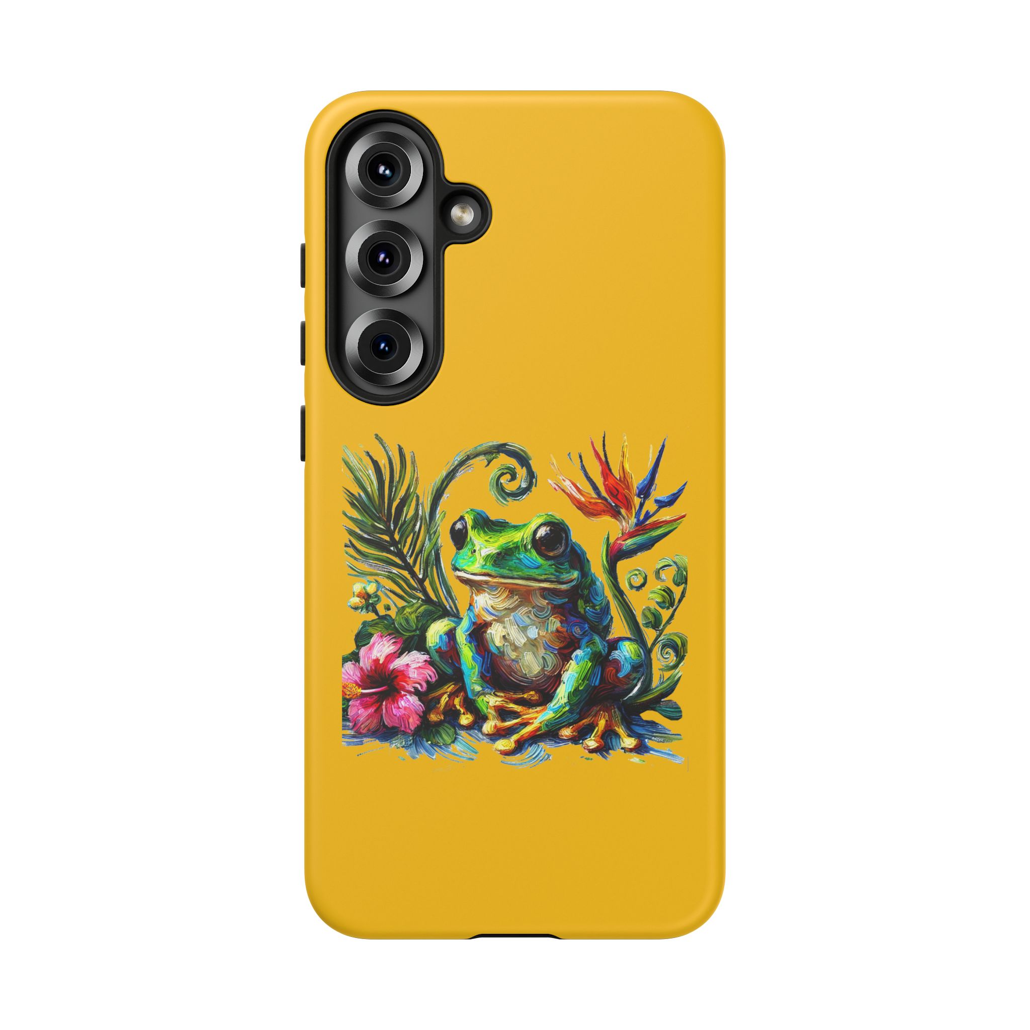 Yellow phone case featuring a colorful frog surrounded by tropical flowers and leaves.