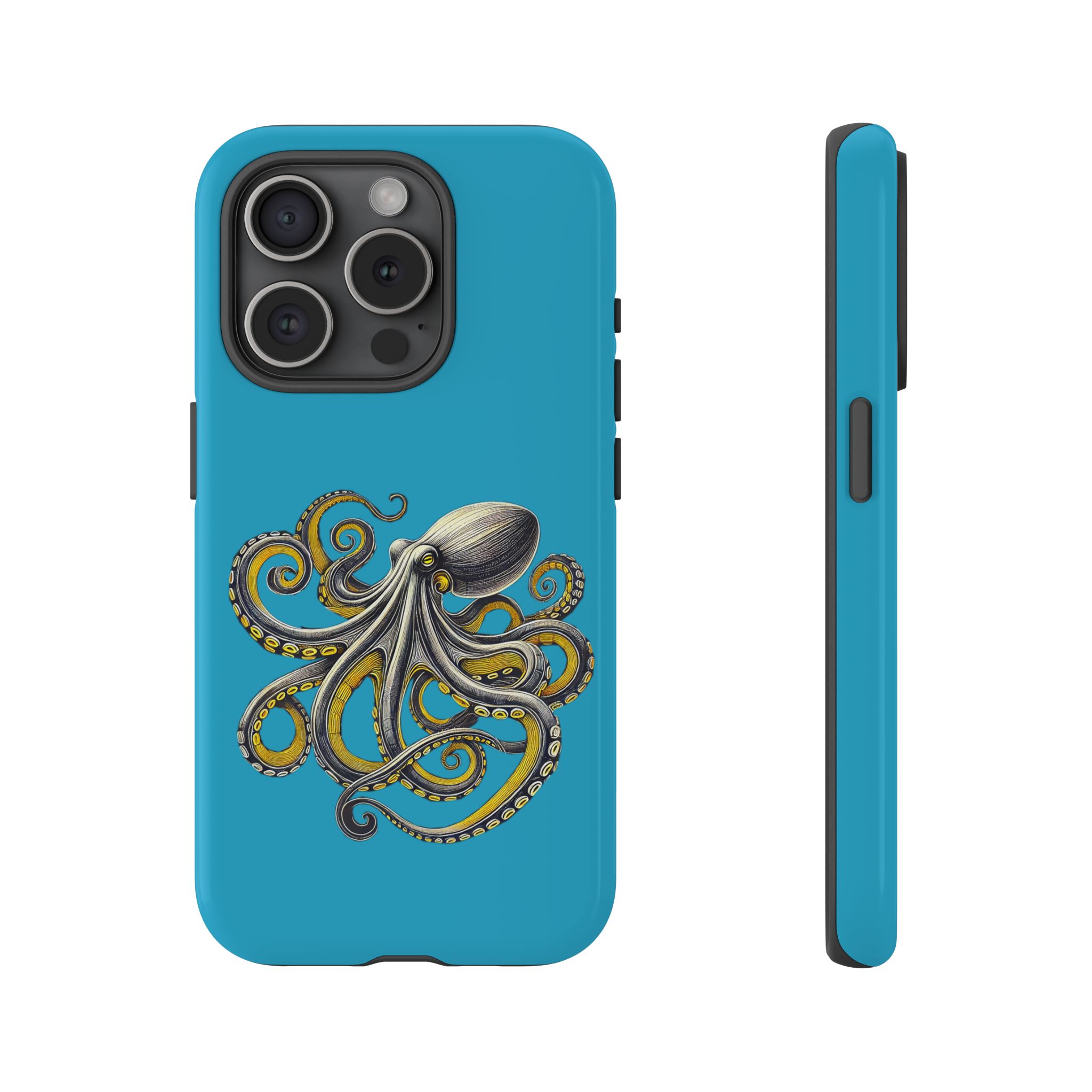 Phone case featuring an octopus design on a blue background with detailed tentacles.