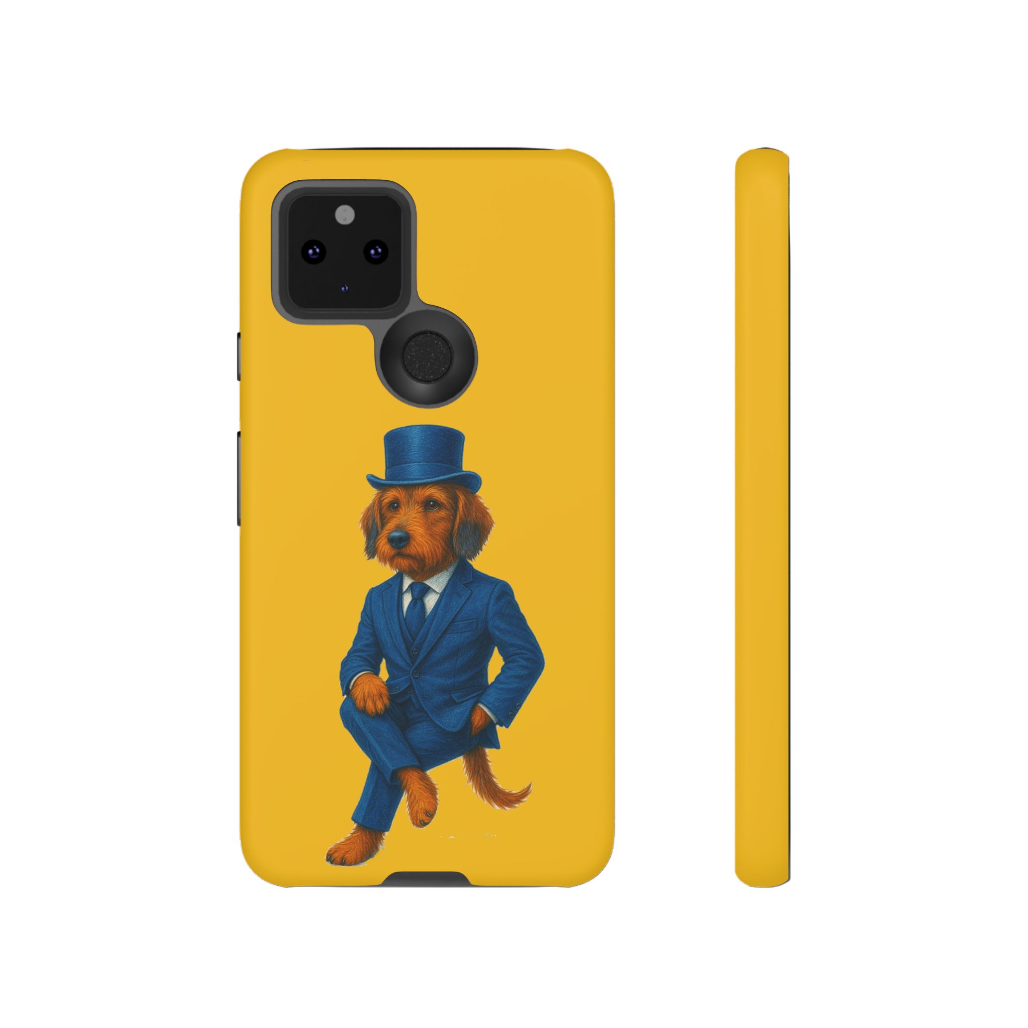Phone case featuring a dog wearing a blue suit and a top hat against a yellow background.
