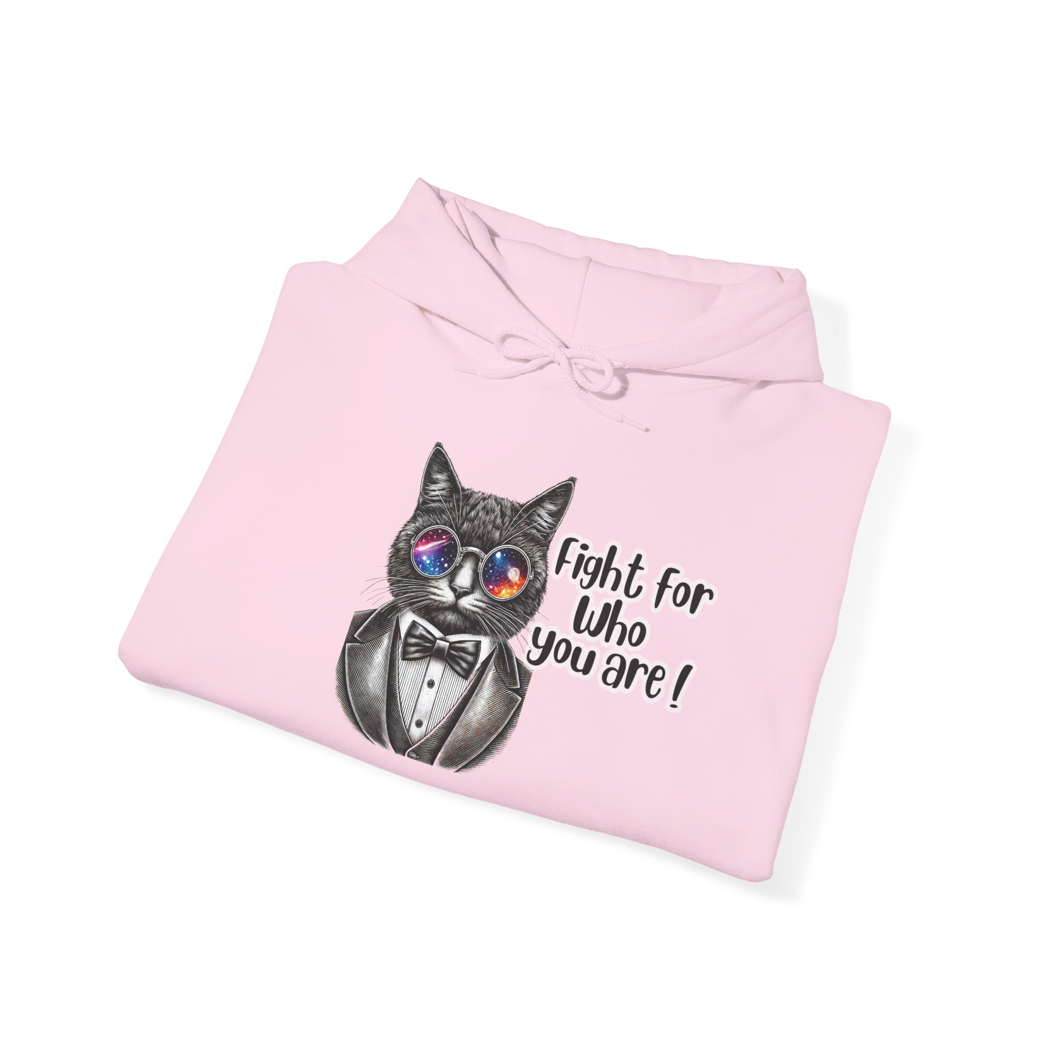 Pink hoodie featuring a cat in a tuxedo with the text 'Fight for who you are!' printed on it.
