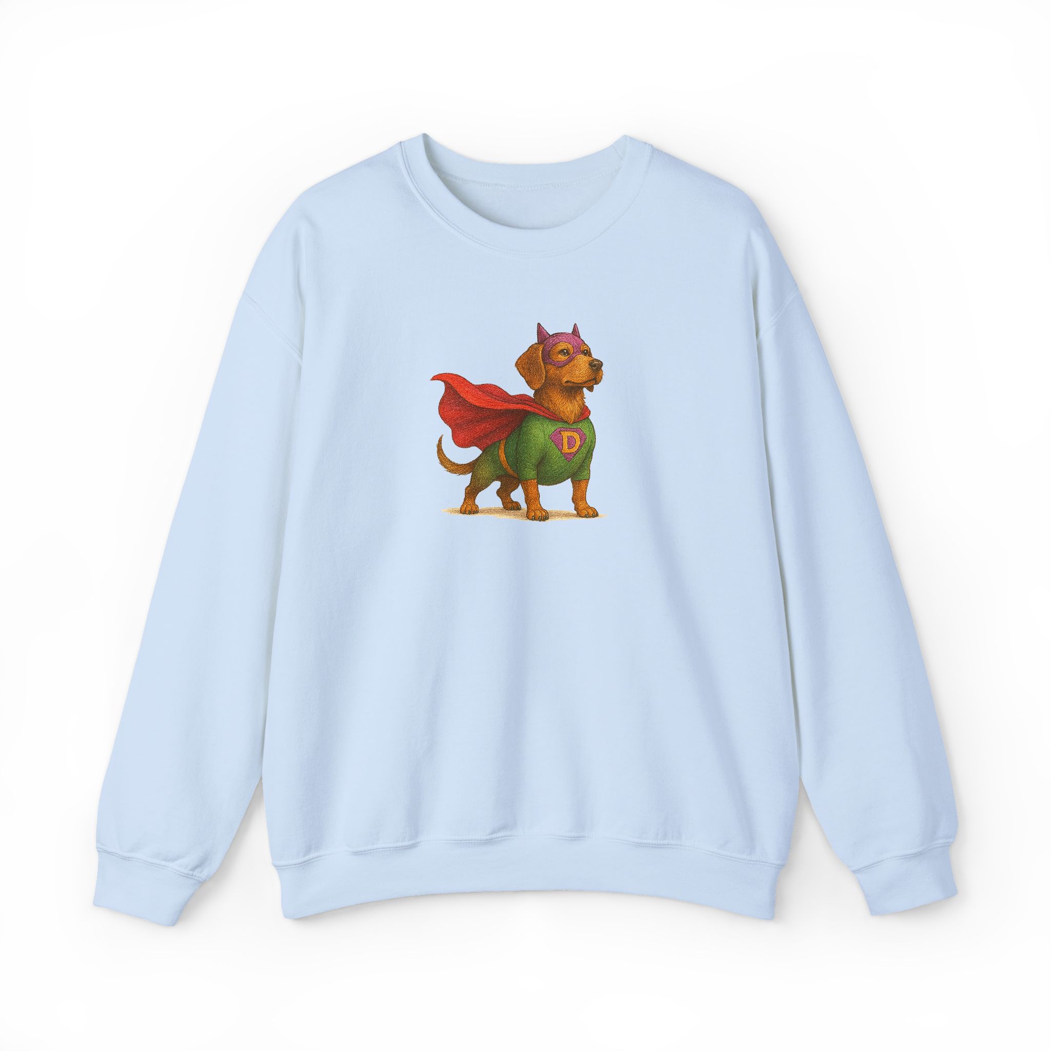 Light blue sweatshirt featuring a dog in a superhero costume with a cape and mask.