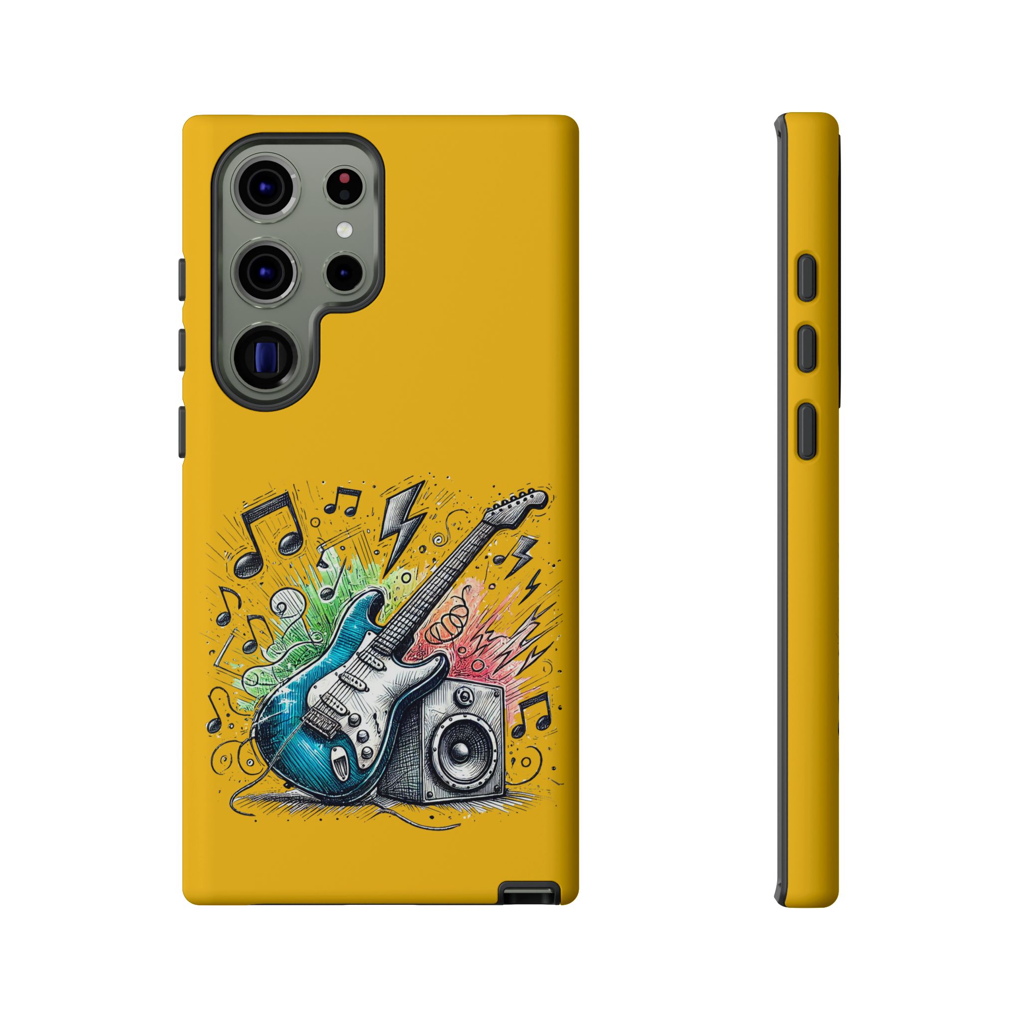 Phone case with a colorful guitar design and musical notes on a yellow background.