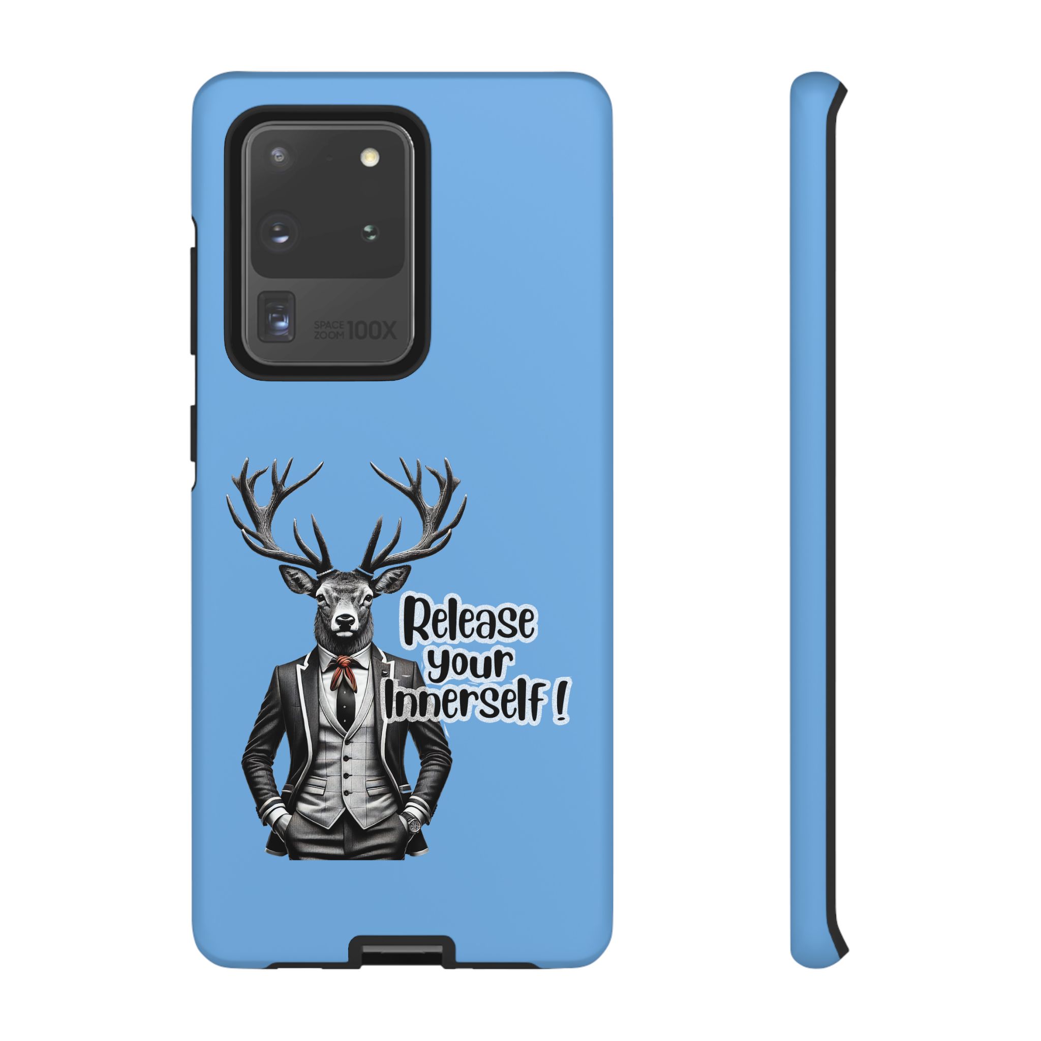 Smartphone case featuring a deer in a suit with the text 'Release your Innerself' on a blue background.
