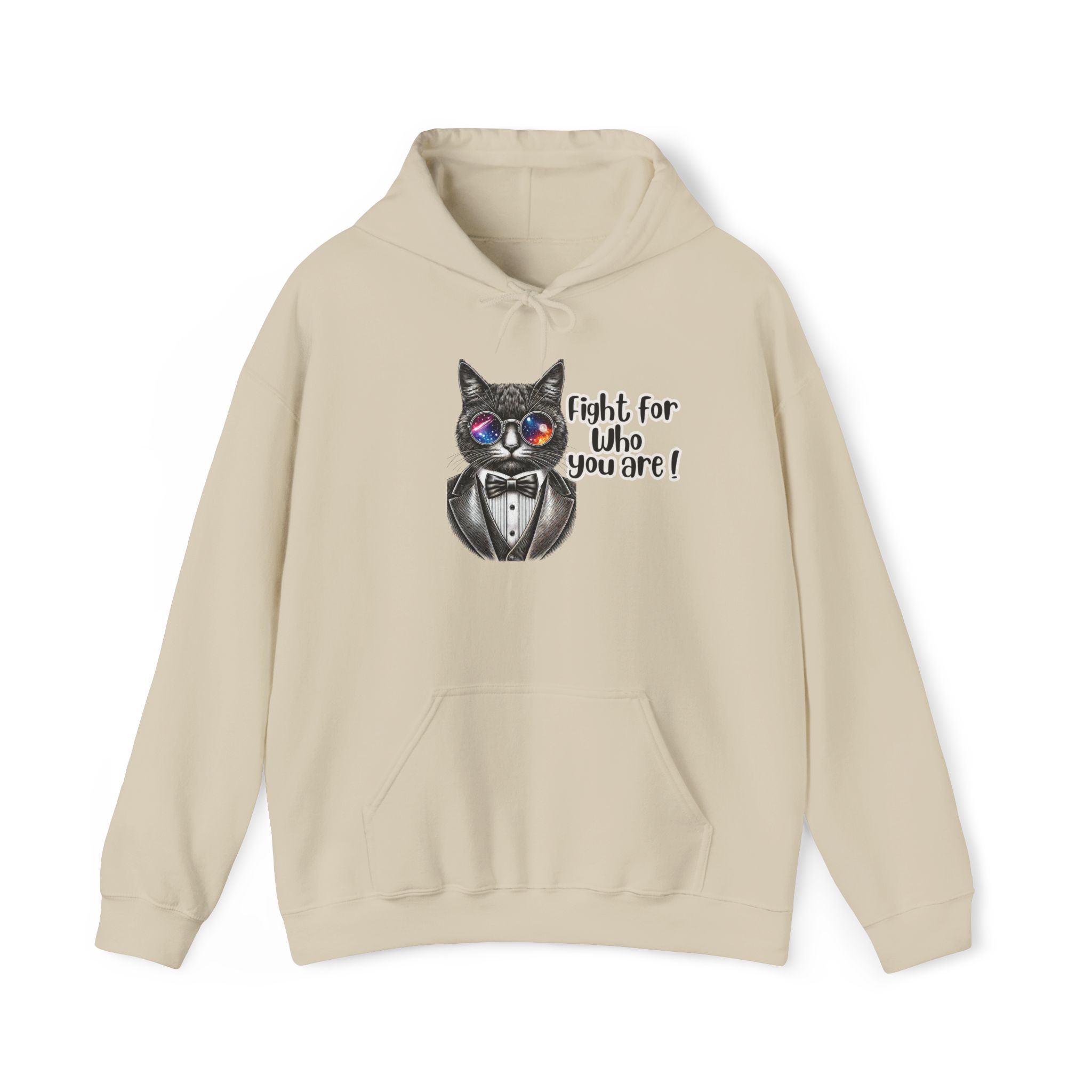 Beige hoodie featuring a graphic of a cat in a tuxedo with the text 'Fight for who you are!'