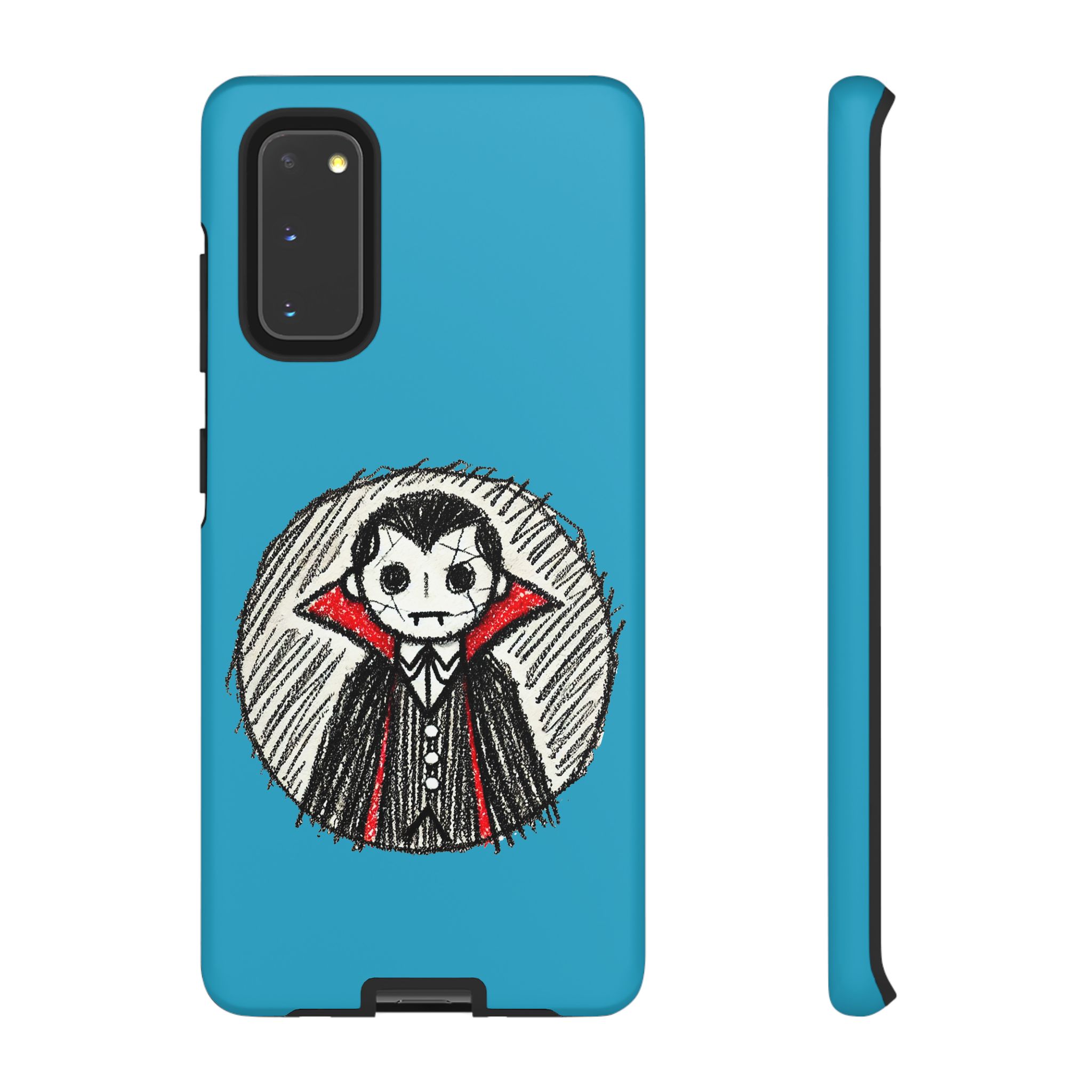 Phone case featuring a vampire character with a blue background and a circular sketch design.