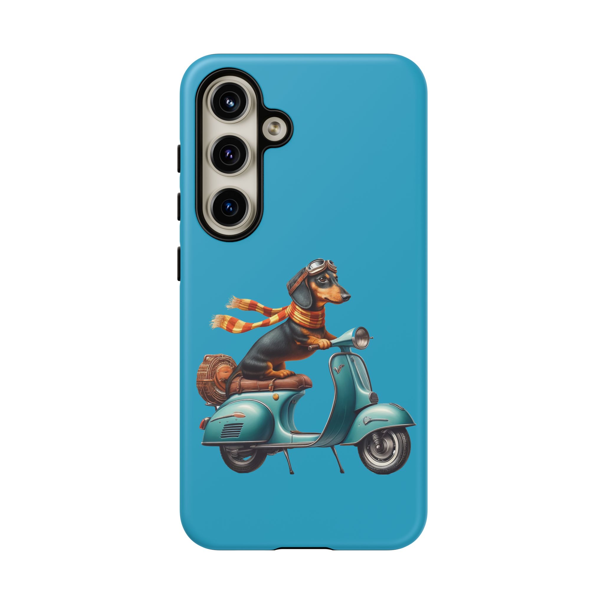 Dachshund wearing goggles and a scarf riding a vintage scooter on a blue phone case.