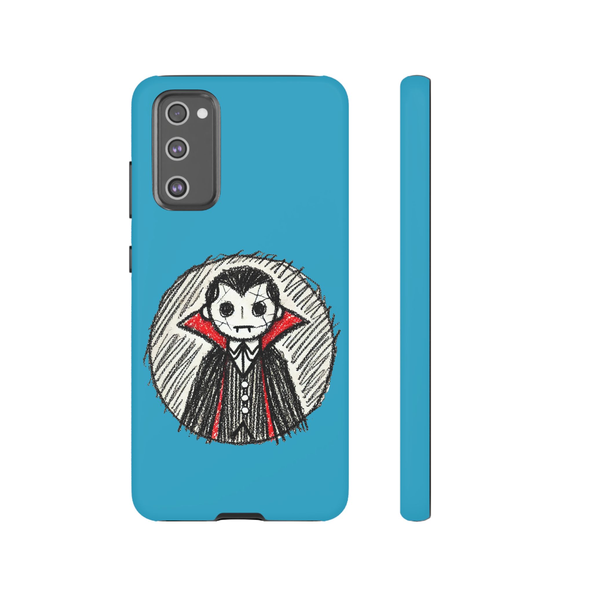 Cartoon vampire character with a red cape on a blue phone case design.
