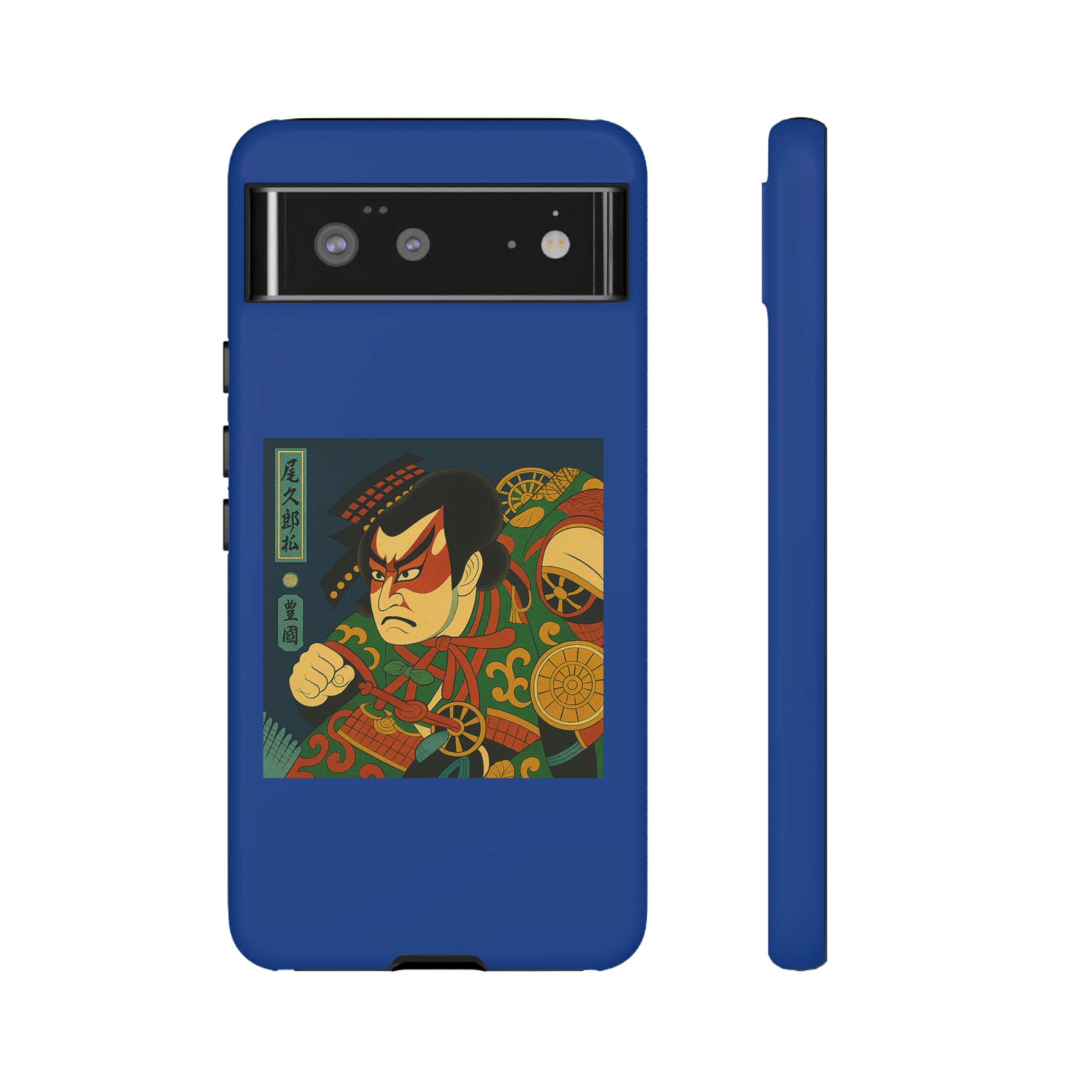 Blue phone case featuring a samurai illustration with vibrant colors and intricate details.