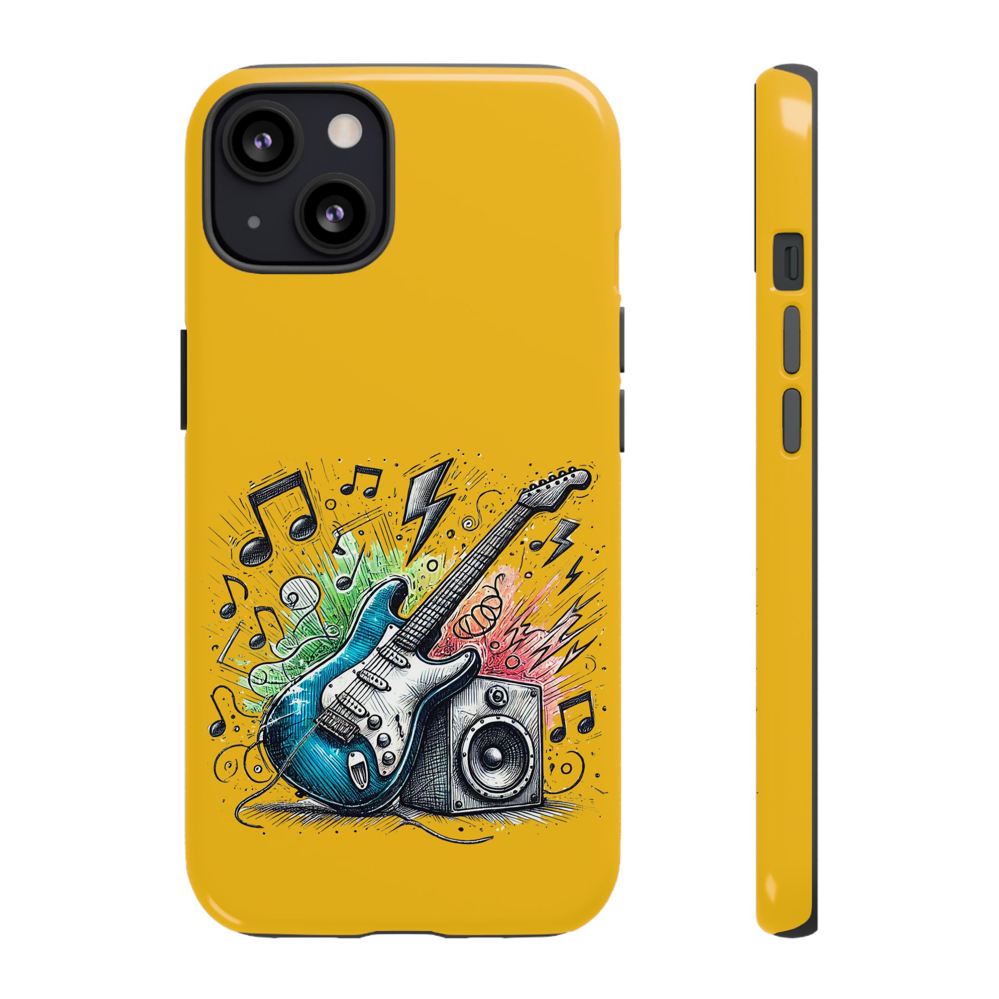 Yellow phone case design featuring a blue electric guitar, speaker, and colorful music notes.