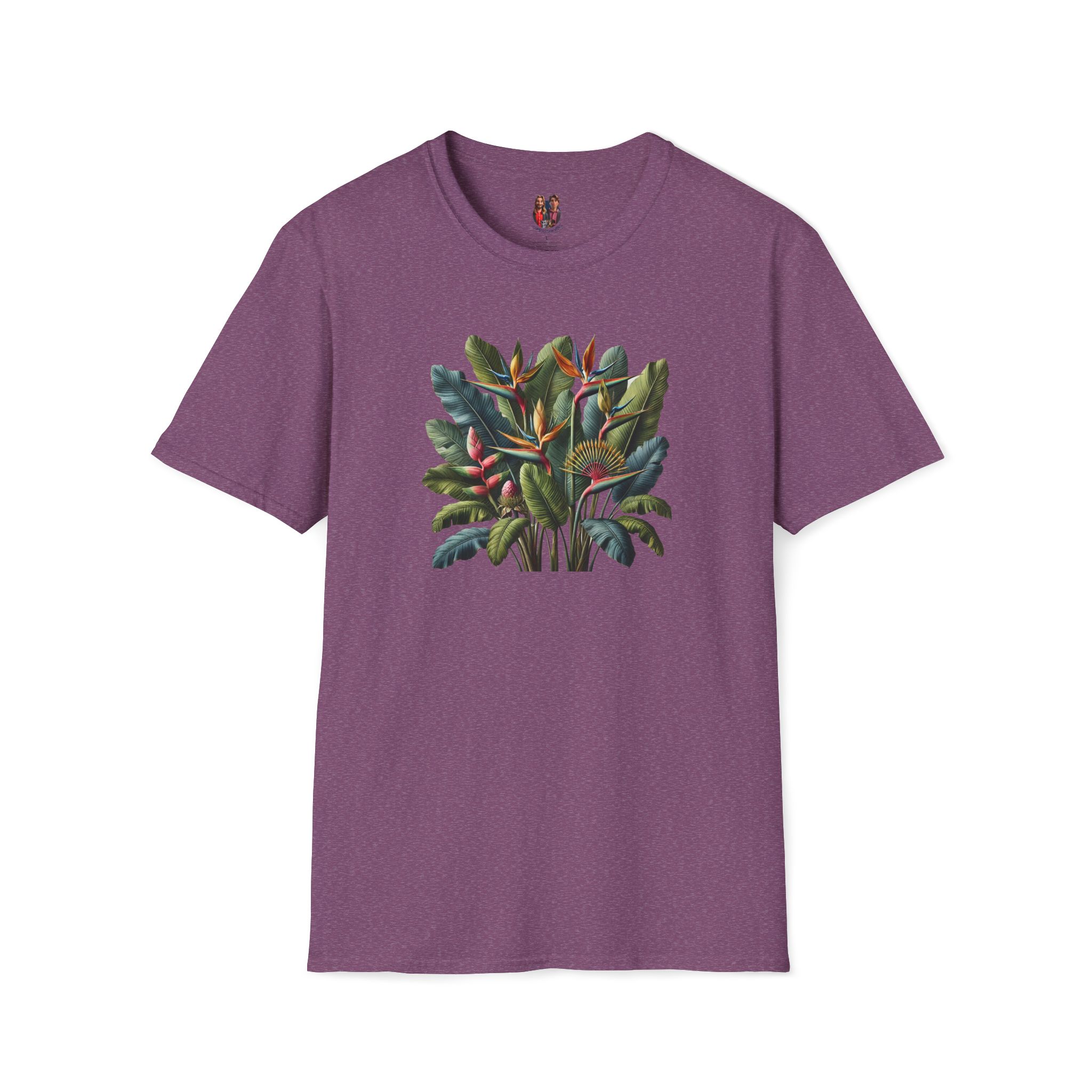 Purple t-shirt featuring a tropical plant design with various leaves and flowers.