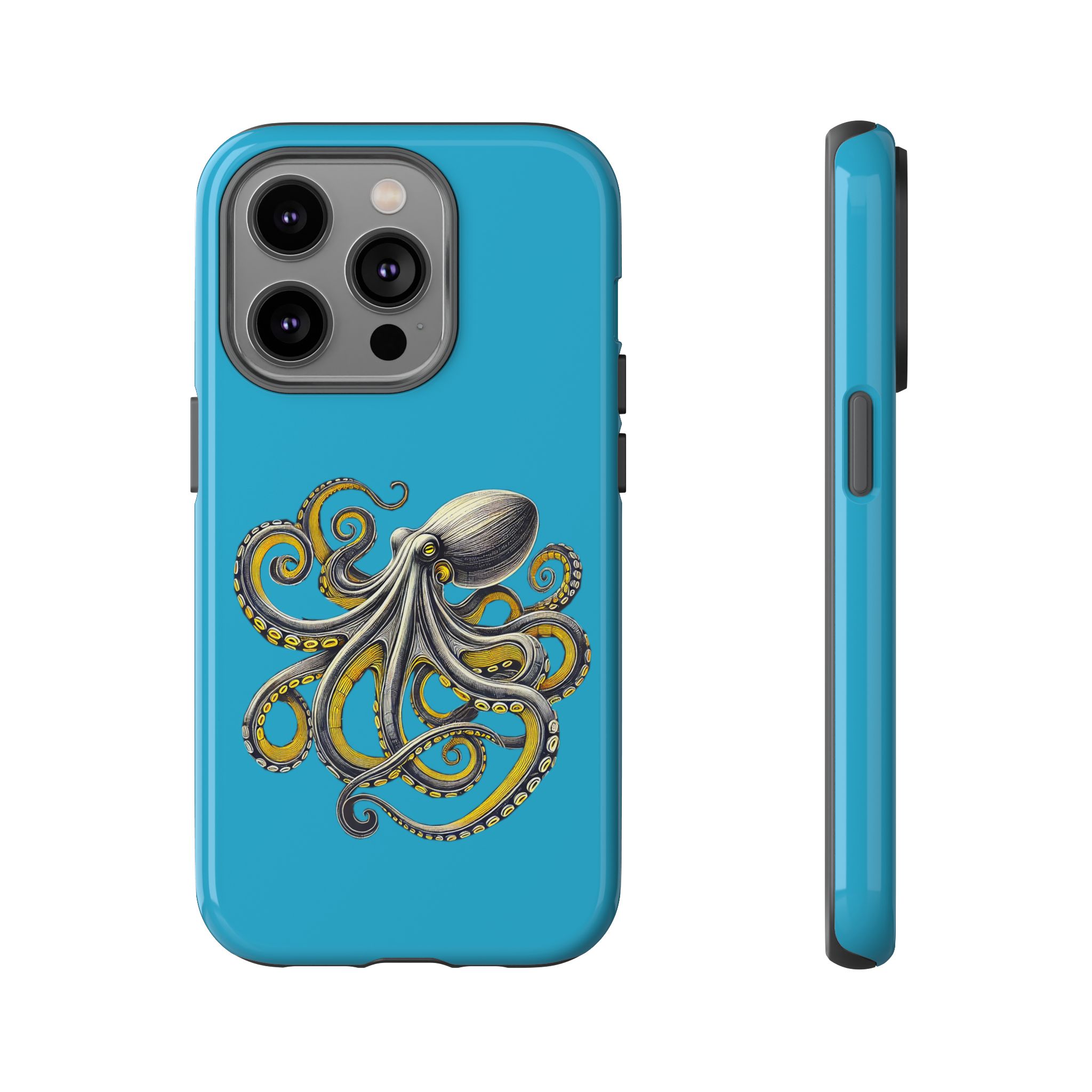 Phone case with an octopus illustration on a blue background, showing the front and side views.