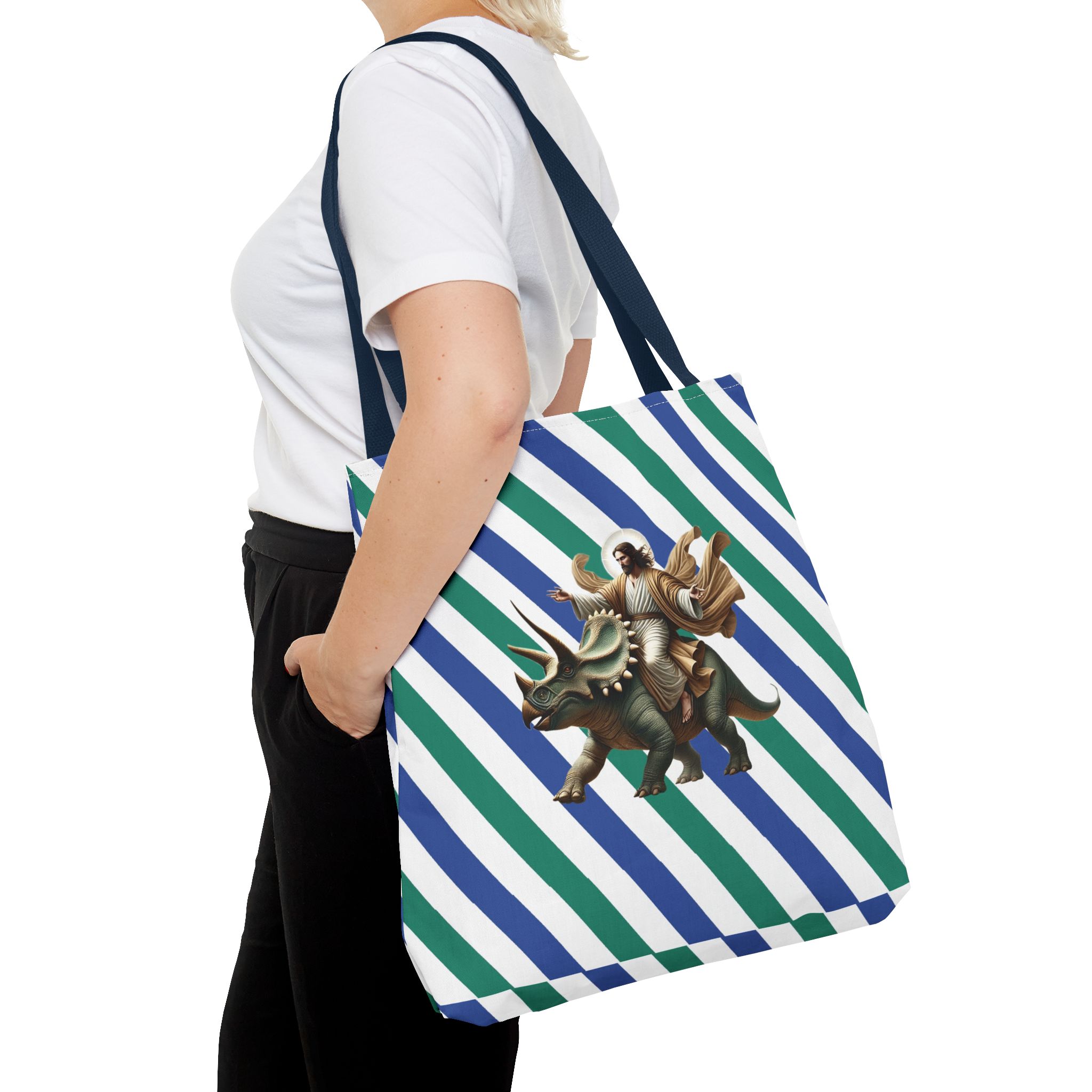 Fun canvas tote bag jurassic boho tote bag Jesus riding triceratops shoulder bag satiric purse religious design sarcastic cute tote bag – Image 30