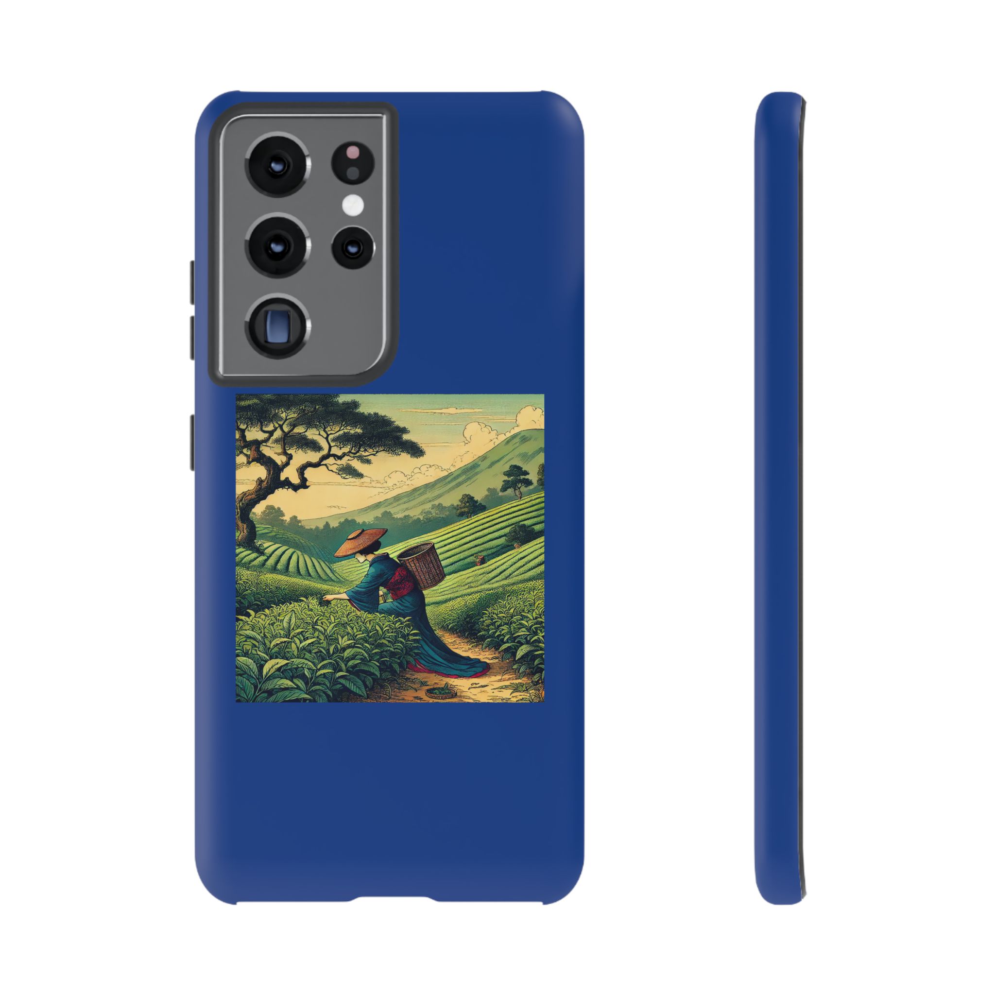 Blue phone case featuring a vintage-style illustration of a person carrying a basket in a tea plantation.
