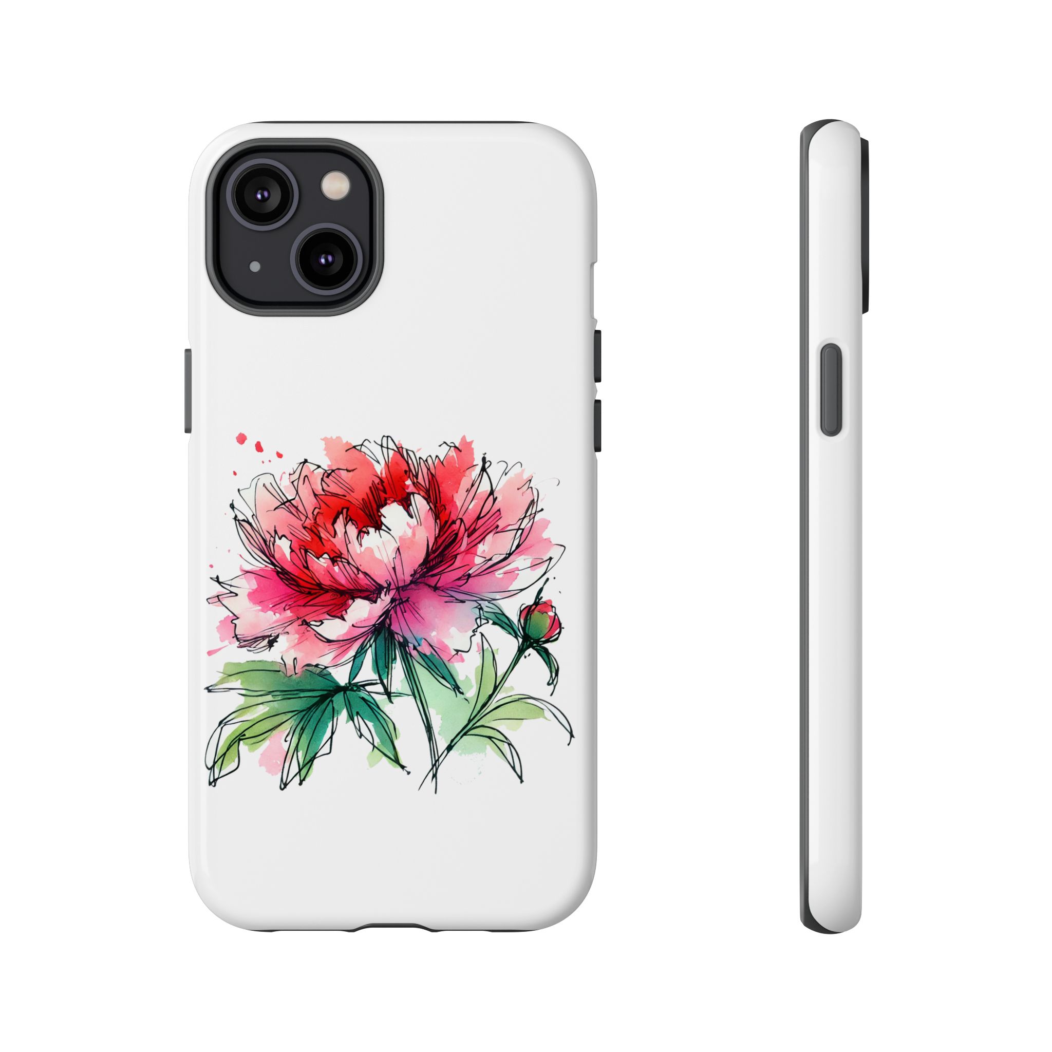 iPhone case featuring a hand-drawn peony flower design in pink and green colors.