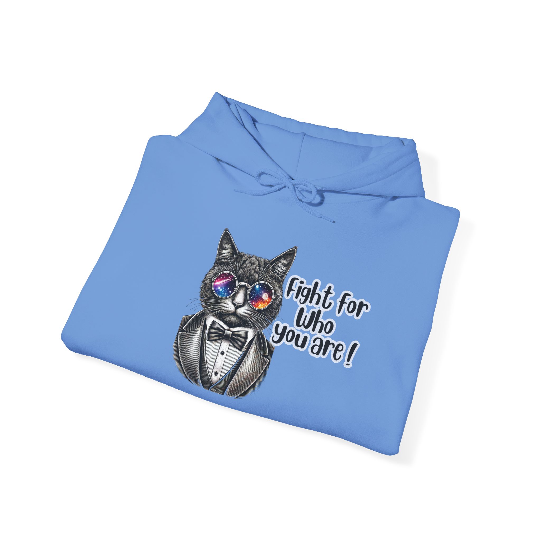 Blue hoodie featuring a cat in a tuxedo with sunglasses and the text 'Fight for who you are!'
