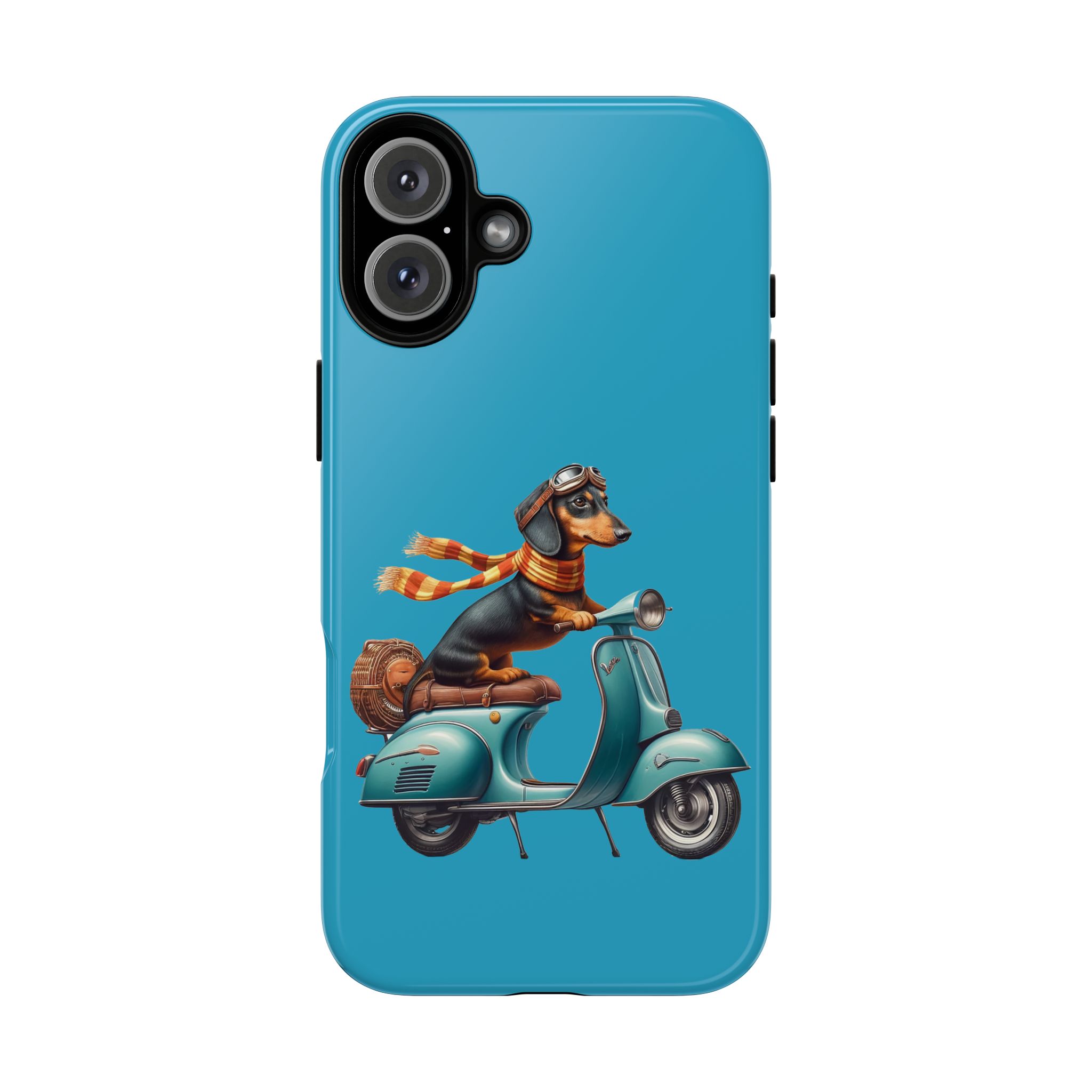 A dachshund wearing goggles and a scarf riding a vintage scooter on a blue phone case.