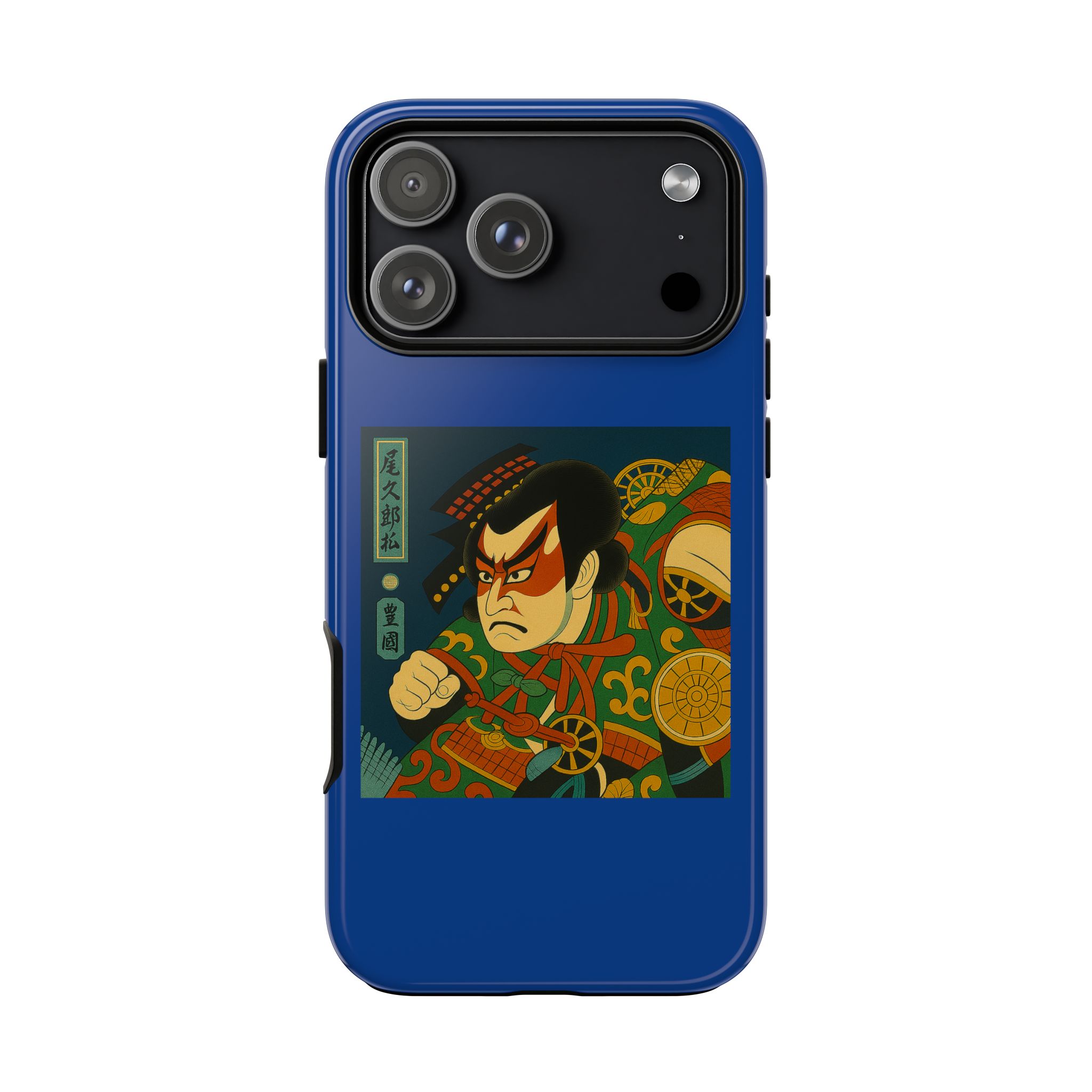 Blue phone case featuring a samurai character with traditional Japanese design elements.