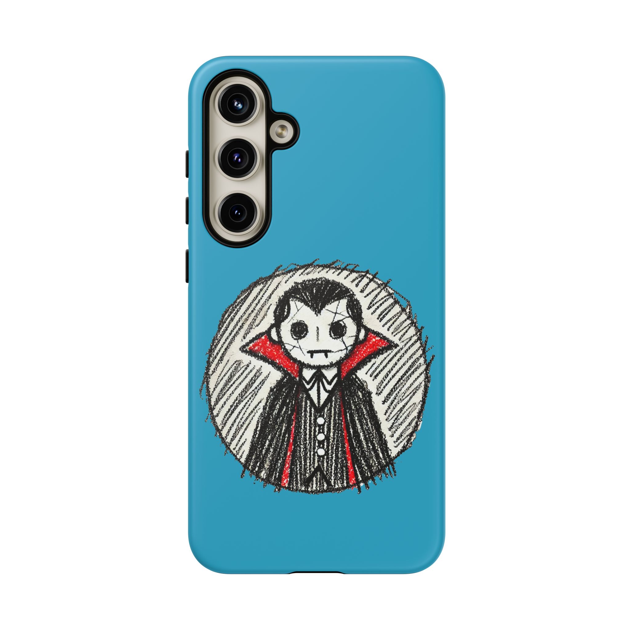 A cartoon drawing of a Dracula character on a blue phone case with three camera lenses.
