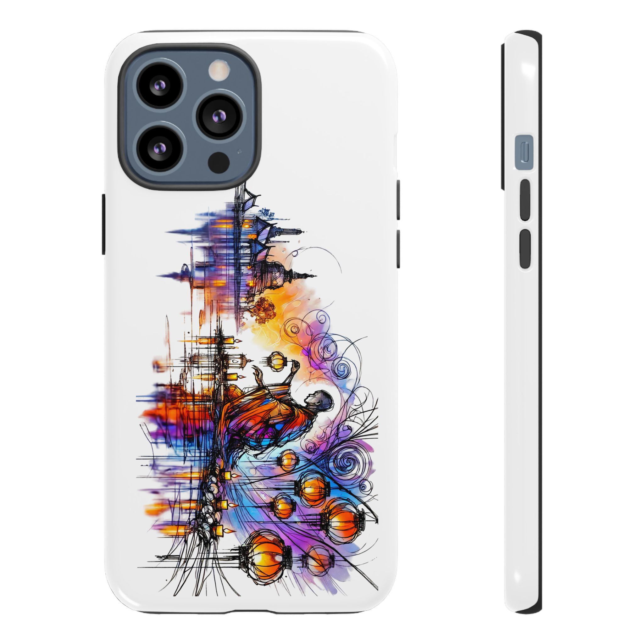 Colorful artistic design of a woman juggling balls on a phone case with a city skyline in the background.