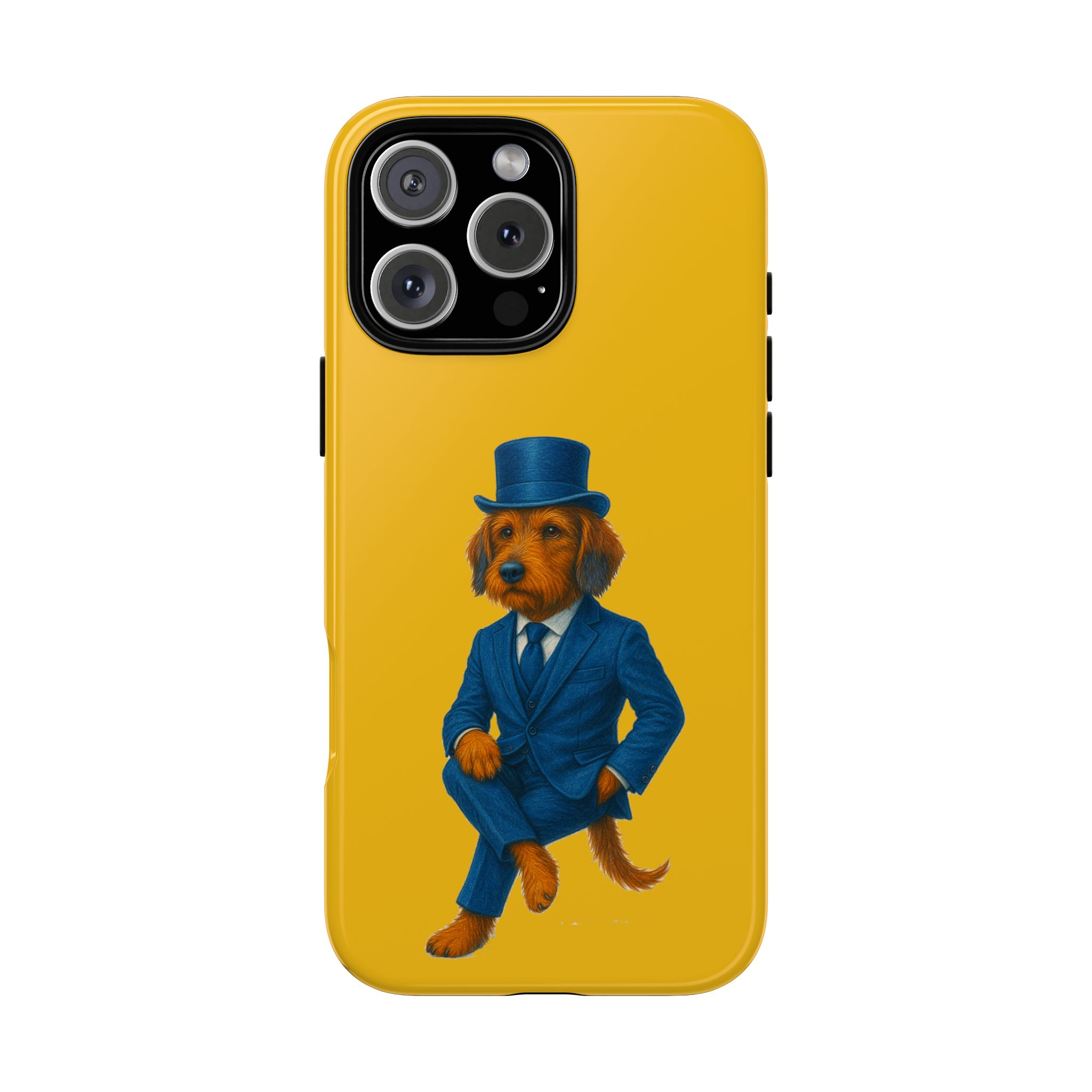 Phone case featuring a dog dressed in a blue suit and top hat against a yellow background.