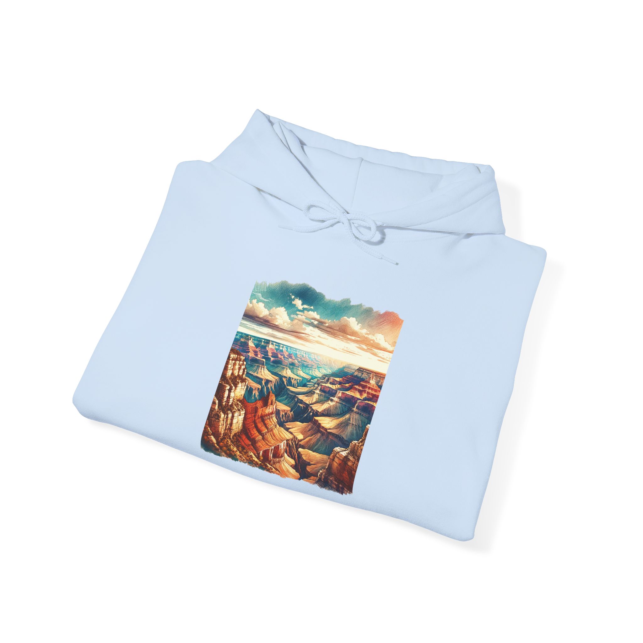 Light blue hoodie featuring a colorful illustration of the Grand Canyon landscape on the front.