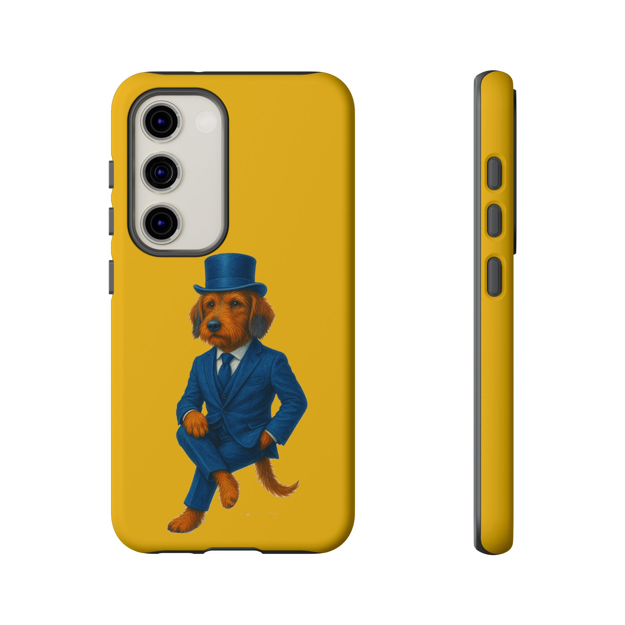 Phone case featuring a dog wearing a blue suit and top hat against a yellow background.