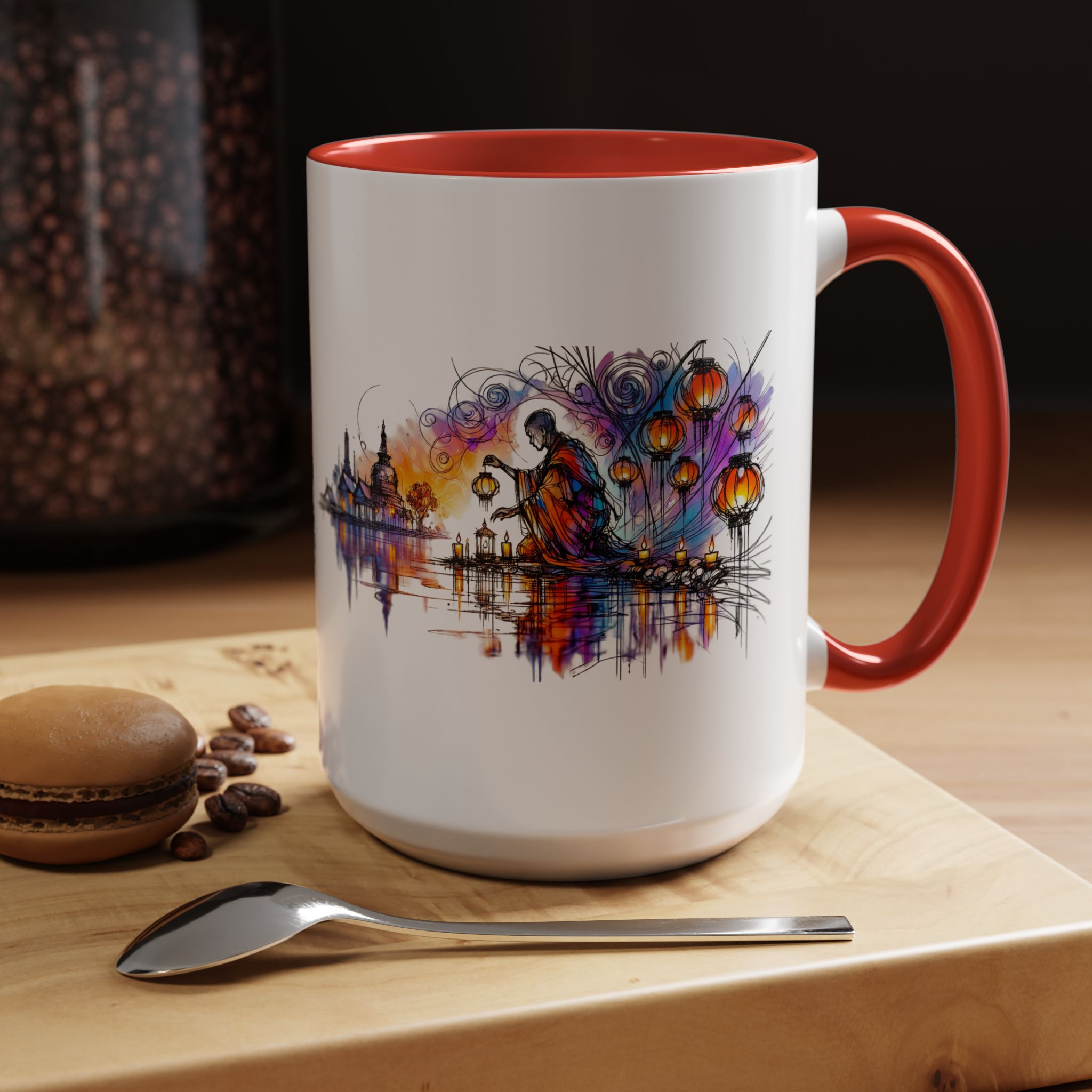 White mug with a red handle featuring an artistic design of a figure by a river with lanterns and buildings.