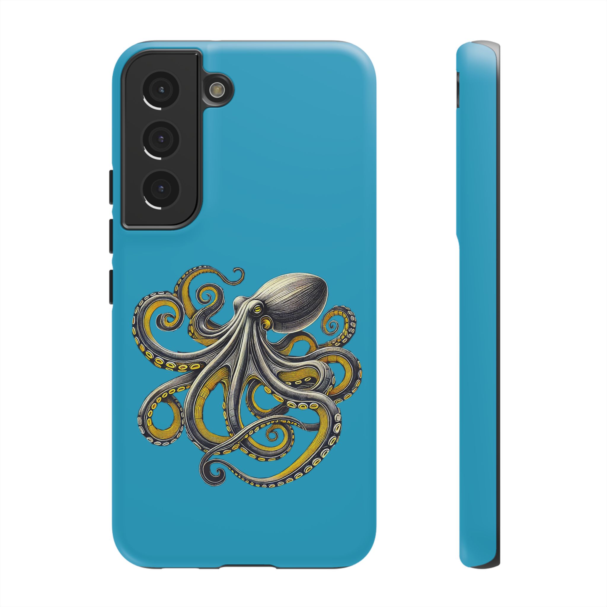 Blue phone case featuring an intricate octopus illustration with yellow accents.