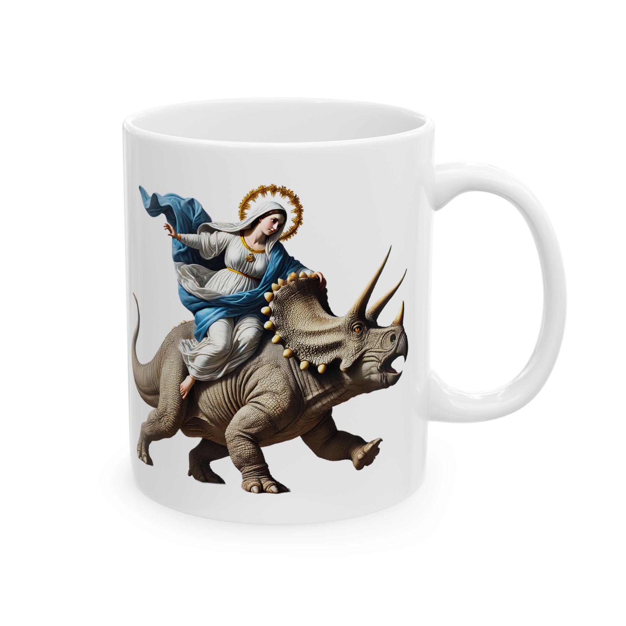 Sarcastic Coffee mug jurassic Virgin mary riding triceratops funny office mug boho gift tea cup cute accessory