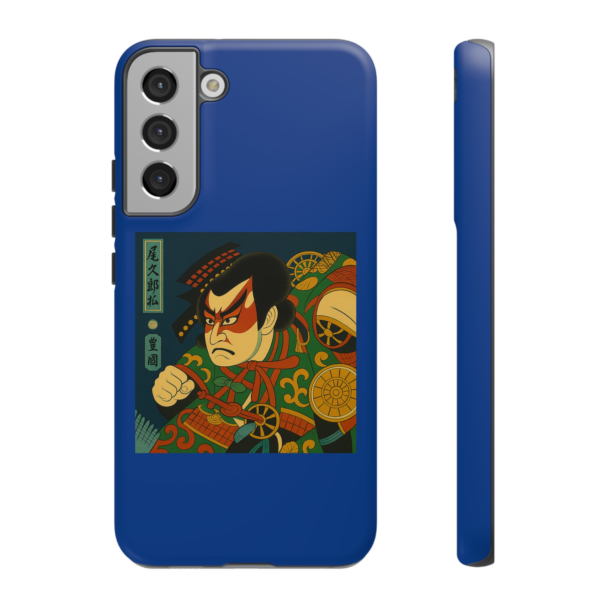 Blue phone case featuring a samurai character illustration with traditional Japanese elements.