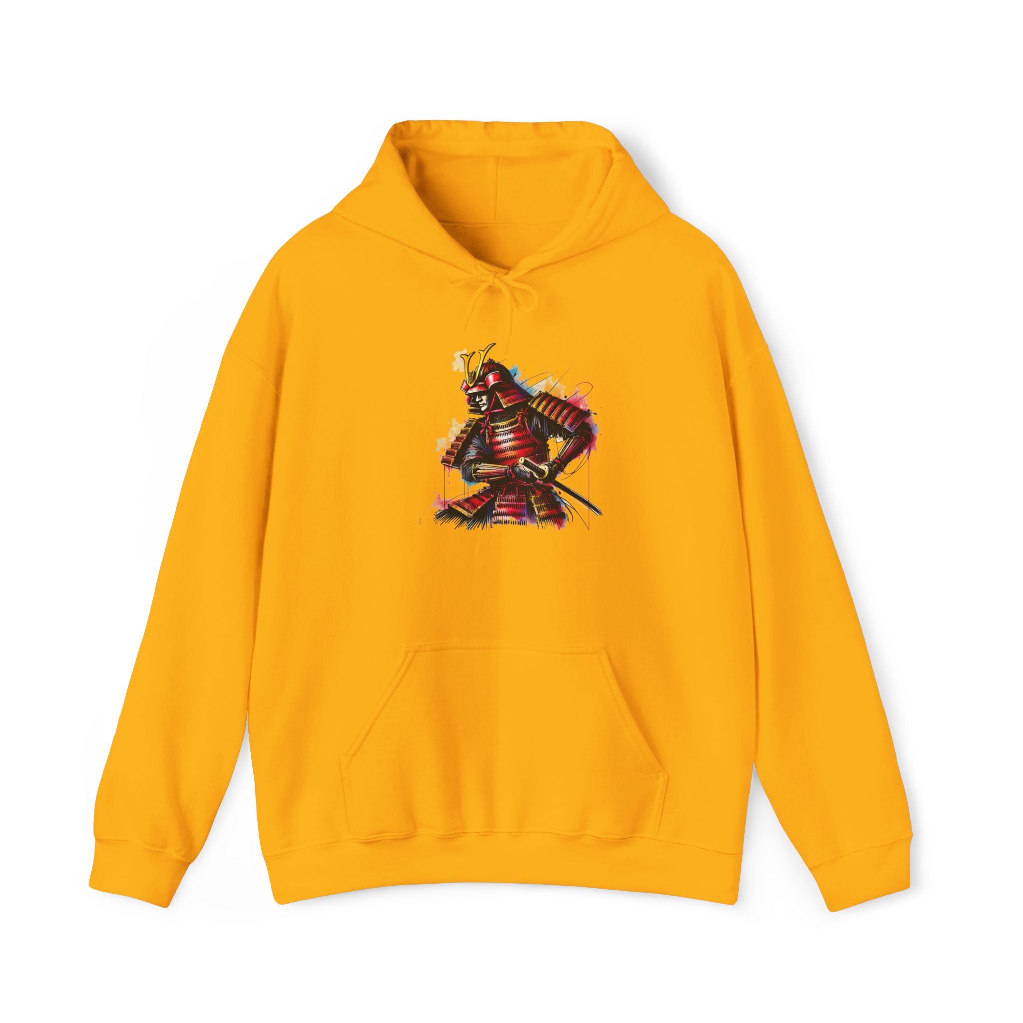 Yellow hoodie featuring a colorful samurai graphic design on the front.