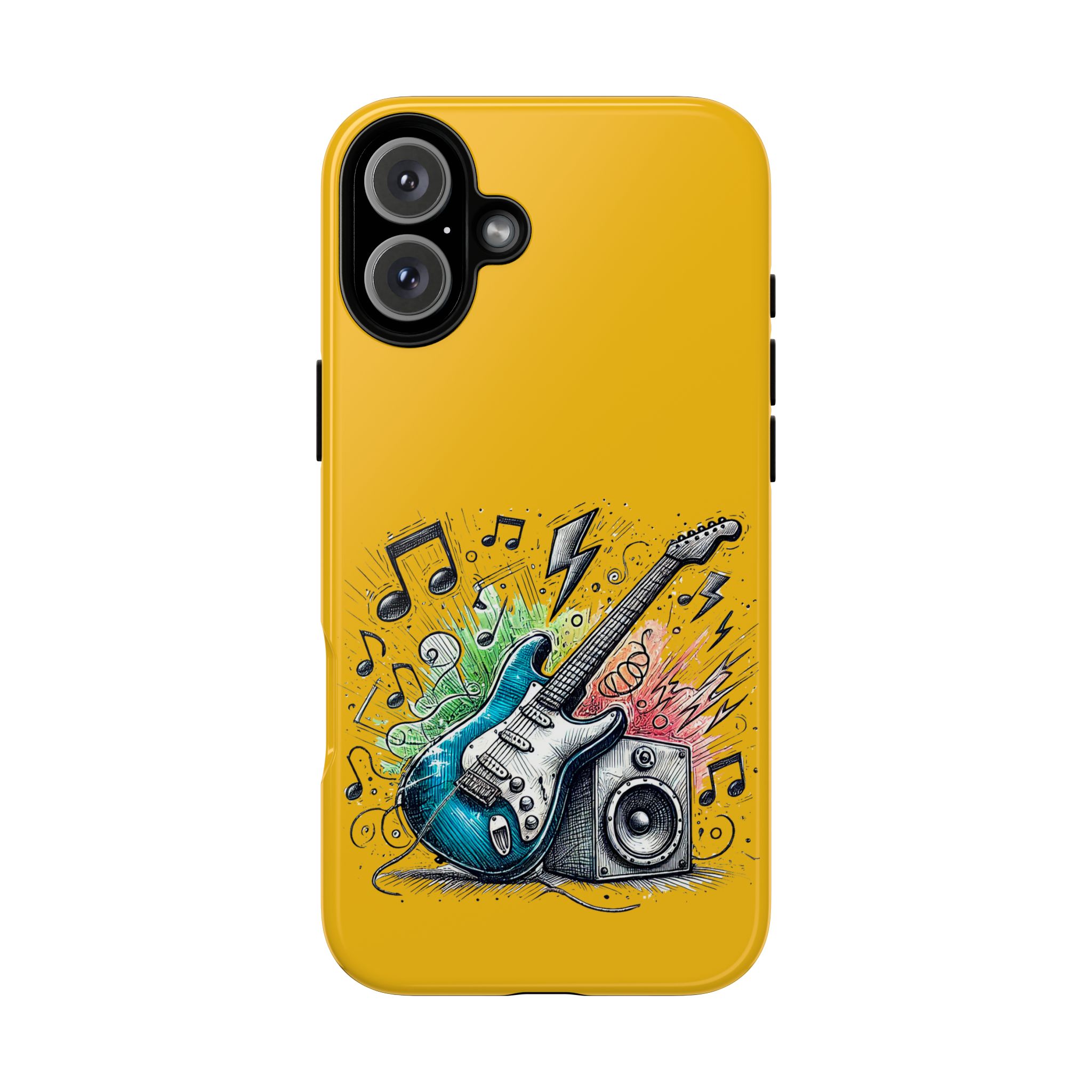 Yellow phone case featuring a blue electric guitar and a speaker with musical notes and colorful graphics.