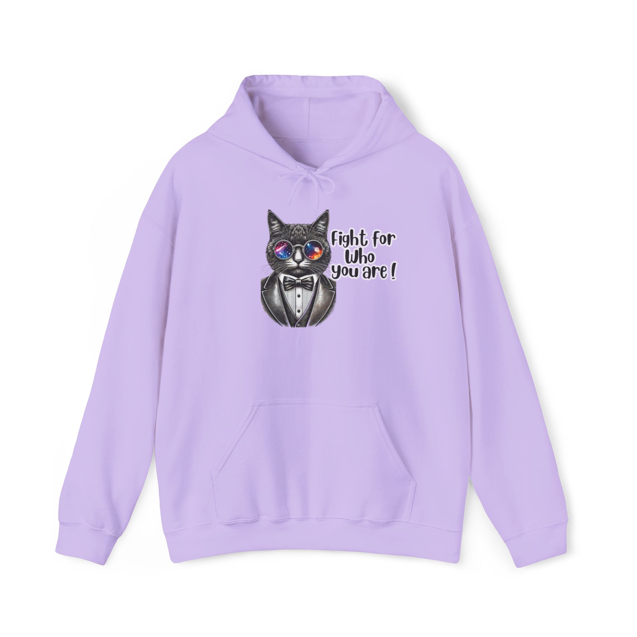 Purple hoodie featuring a cat in sunglasses and a tuxedo with the text 'fight for who you are!'