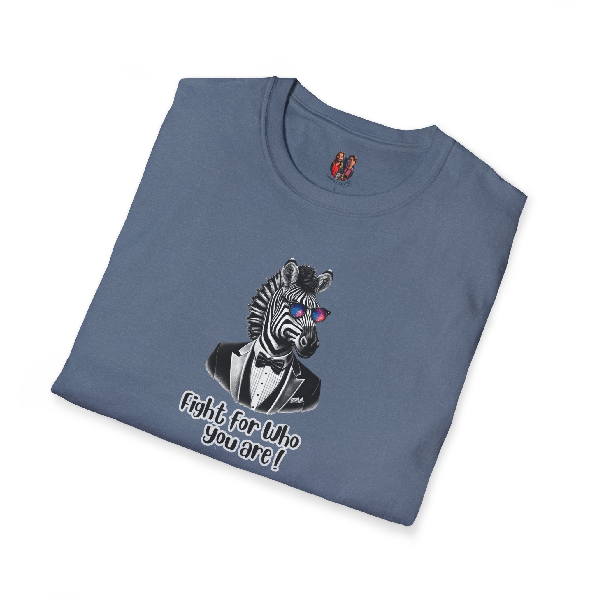 Gray t-shirt featuring a zebra wearing sunglasses and a tuxedo with the text 'Fight for Who You Are!'