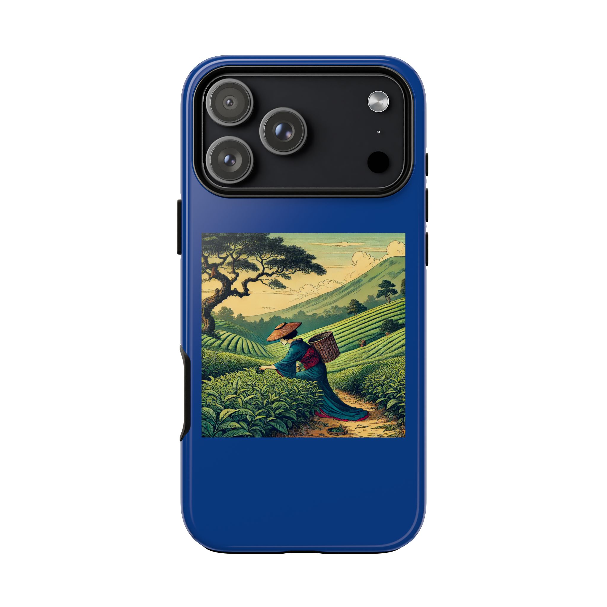 Blue phone case featuring a colorful illustration of a person carrying a basket in a tea plantation.